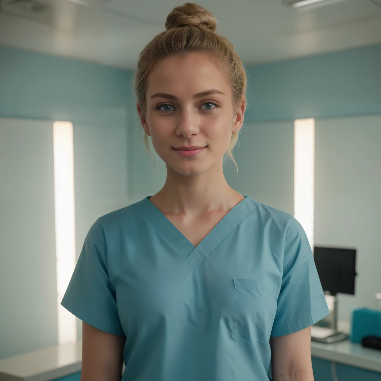 A Realistic Portrait, of a tenager girl,  (Lady Oscar=, blonde hair,, as surgical nurse, Beautiful, detailed face, detailed eyes, (realistic skin:1.3), (pale skin:1.1), (textured skin:1.3), (()), big smile, (iphone photograph), (perfect small breasts:1.1),  (artificial lighting:1.3),  looking at the camera, perfect slim body, amateur Photography, Photorealistic, Detailed, analog, poor quality, grainy, standing in operation room, wearing dark-teal surgical scrubs, wide angle, showing full body, short hair tied up, hair bun, hair tied as chignon