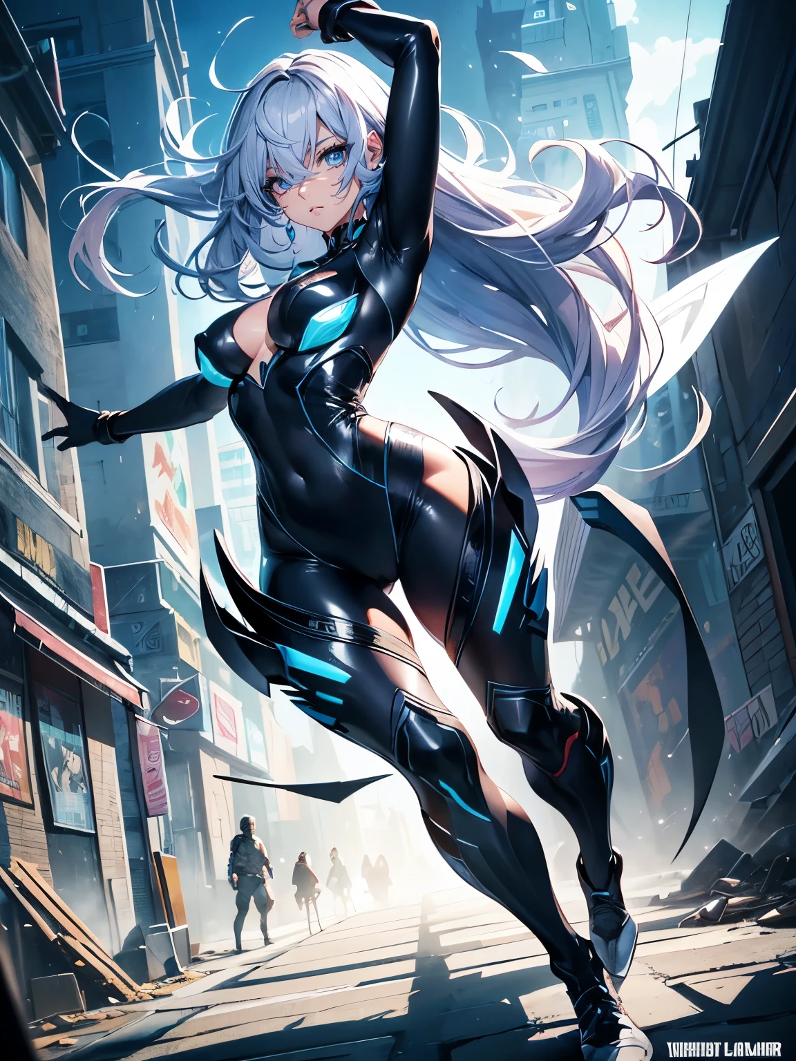 Comics style, Various full-body attack poses and immersive effects, Hover effect, Brightly colored graphite style background "HDR Ultra" detailed and with focus effect, (finely detailed beautiful eye: 1.2), Beautuful Women, (finely detailed eyes and detailed face:1.3), (beautiful and clear background:1.2), (extremely details CG, Best Shadow:1.1), Depth of field and blur, (White background:0.5), (Very thin and beautiful: 1.1), (perfect detail: 1.1) Doodle style background, digitial illustration, Center, Dynamic, Highly detailed, Watercolor painting, art stations, concept-art, Sharp Focus, Art by Kim Hyun-tae, Full body shot, character sheets, Lightning Wave, beautiful anime watercolors, graffiti paint, Fine detail, intricate detailes, Proportions illustration,rubbersuit, large full breasts, Nipple float, Inorganic background, 1womanl, Exposing the chest, Raising his arms and showing his armpits, Contrast enhancement, Depiction of dense hair, Depiction of detailed eyes, hiquality, Top image quality, Vibrant poses, sexy pose, Glamorous woman, Exposing the skin