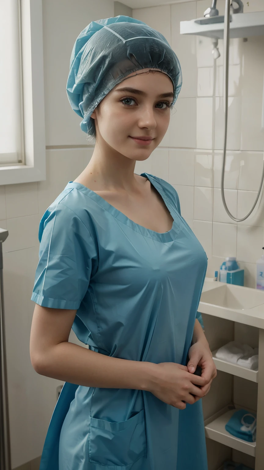 Ultra realistic, pediatric girl patient, young german ager boy 15 y Beautiful, detailed face, detailed eyes, (realistic skin:1.3), (pale skin:1.1), (textured skin:1.3), (()), big smile, (iphone photograph), (perfect small breasts:1.1), ), (artificial lighting:1.3), standing in medical changing room, beautiful face, big eyes, big smile, detailed face, wears blue patient gown , putting long patient gown on, back-tied patient gown, male figure, high closed crew-neck, bokeh, all wearing large teal nylon bouffant cap , , large surgical bouffant cap covering hair and ears, ultra-short hair fully covered by nylon shower cap, no hair tails, standing in hospital room