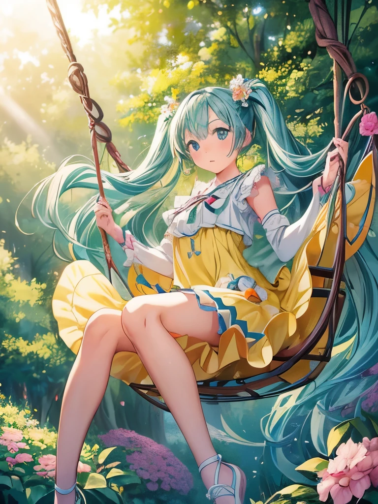 (masterpiece、highest quality、highest quality、Official Art、Beautiful and beautiful:1.2)、(One girl:1.3)Hatsune Miku、Twin tails,Beautiful breasts,Full body photo of a beautiful 25 year old girl playing on a swing hanging from a tree in the forest, Wearing a short yellow swirly frock like a flower, Attractive feminine shape, Beautiful thighs, Morning light, Disney Pixar