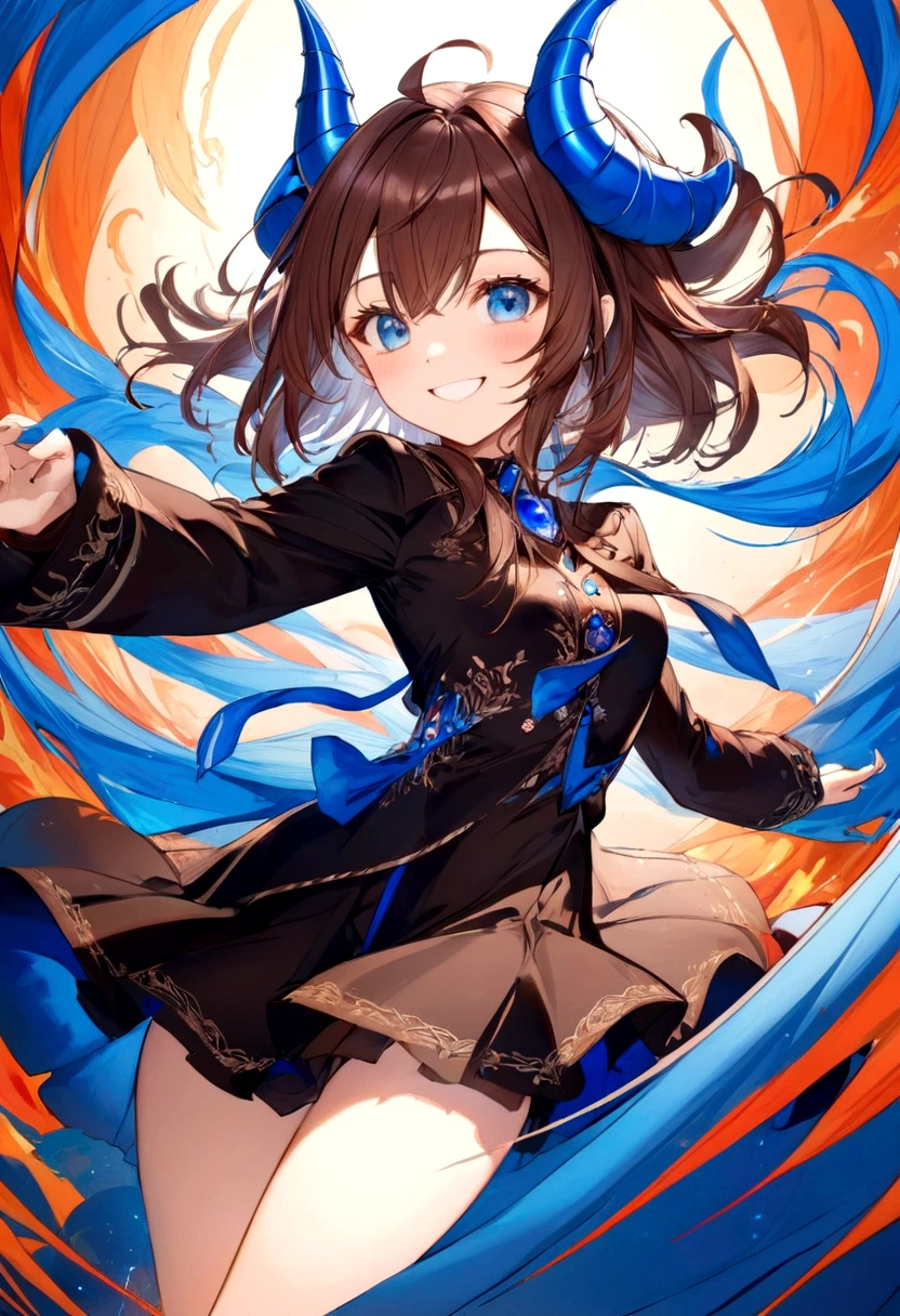 Female, Brown Hair, Blue Eyes, Smiling, Element Wind, Blue Devil Horns