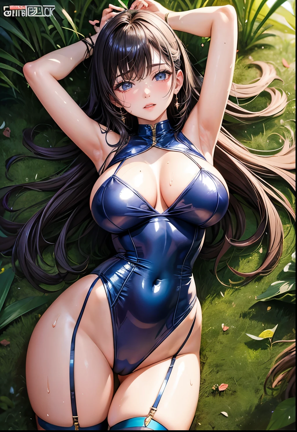 Korean Idols Campaign girl Campaign Girl circuit Super shiny enamel leotard with sponsor logo Big Breasts High leg garter belt Super Shiny Stockings In the forest Armpit Depicted from below Sweat