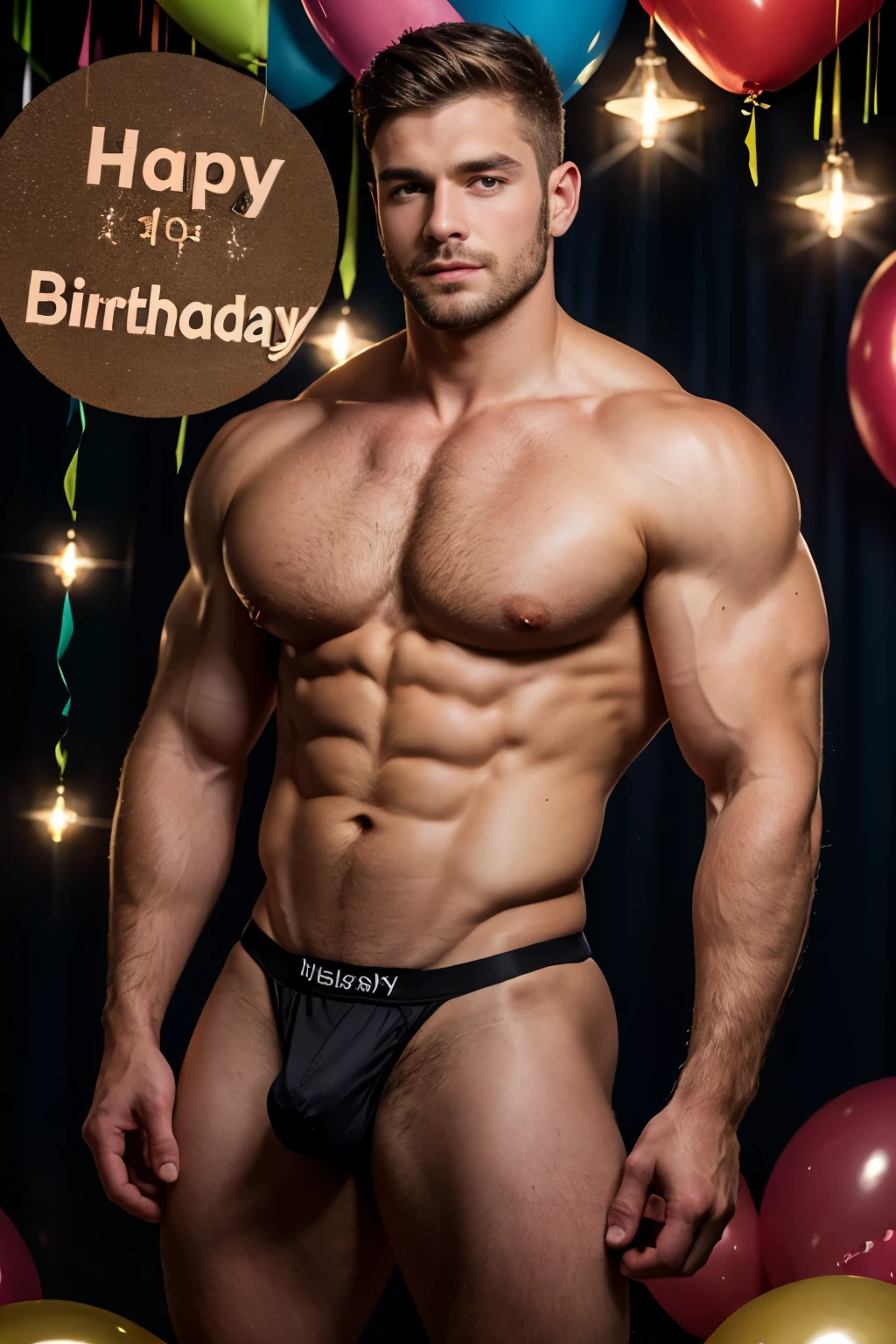 (8K, RAW photo, Highest quality) masterpiece, 1 young boy, 18 years old, muscular man Look at viewer, standing forward, showing his huge muscular , puffy ,  six packs, narrow waist, he is holding a plate with a birthday anniversary cake. The cake is big-sized, Huge birthday cake.Handsome, , Thick body hair, man wearing  , birthday  background, Sparkle & Sequin Backdrops , cinematic lighting, UHD