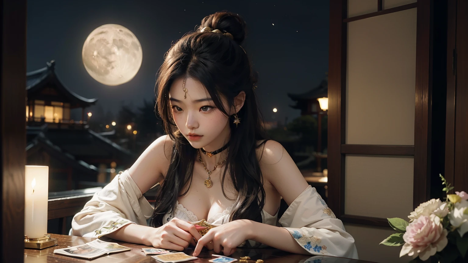 woman、Asian、Japanese people、Hairpin、Bun Hair、Japanese Style、Fortune telling師、Fortune telling、mysterious、universe、spiritual、Woman fortune telling tarot cards、、A table lined with ancient ornaments、Mysterious aura、star sky background、Long black hair、Golden accessories、Tarot Cardysteriousなカード、Mysterious Room、star。moon、sun、Gorgeous room、Japanese Style、Japan