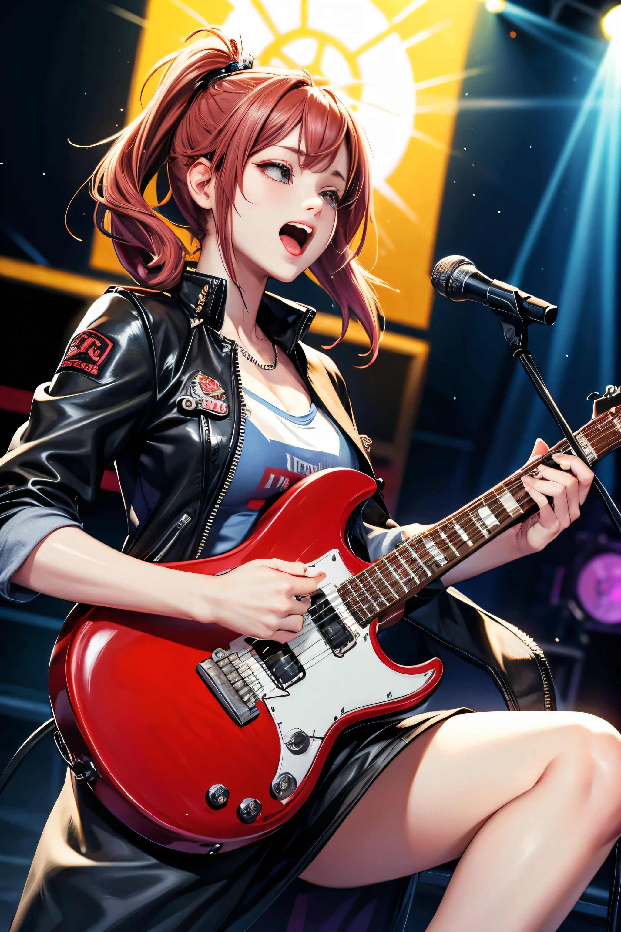 Female vocalist of a rock band Holding a microphone and singing enthusiastically