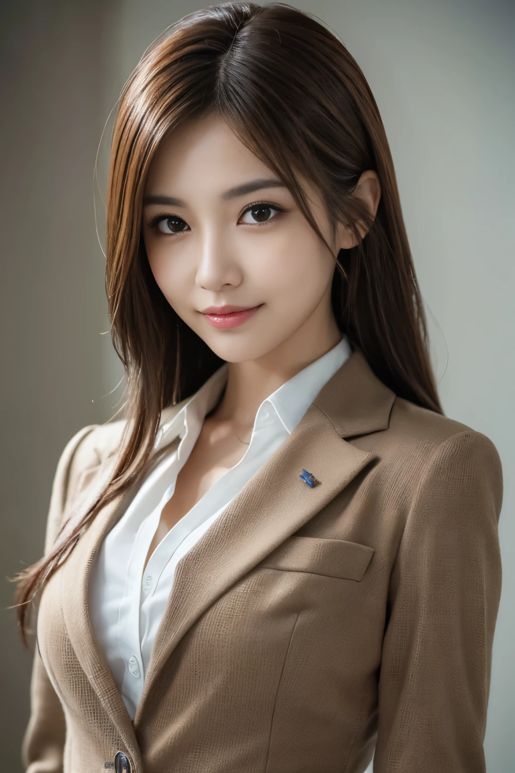 Tabletop, Japanese,highest quality, Realistic, Super detailed, In detail, High resolution, 8k wallpaper, 1. Beautiful Women,, Light brown messy hair, Wearing a business suit, Sharp focus, Perfect dynamic composition, Beautiful fine details, Fine hair, Detailed and realistic skin texture, smile, Close-up portrait, Model Body Type, White background, 