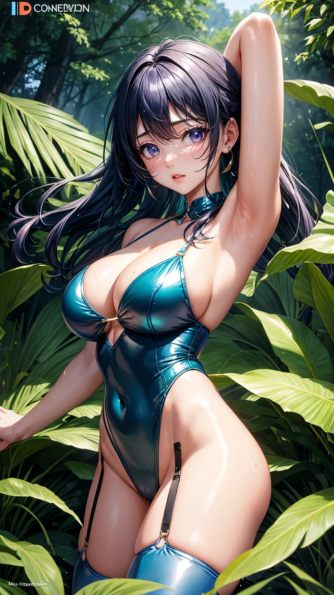 Korean Idols　Campaign girl　Campaign Girl　circuit　Super shiny enamel leotard with sponsor logo　Big Breasts　High leg　garter belt　Super Shiny Stockings　In the forest　Armpit　Depicted from below　Sweat