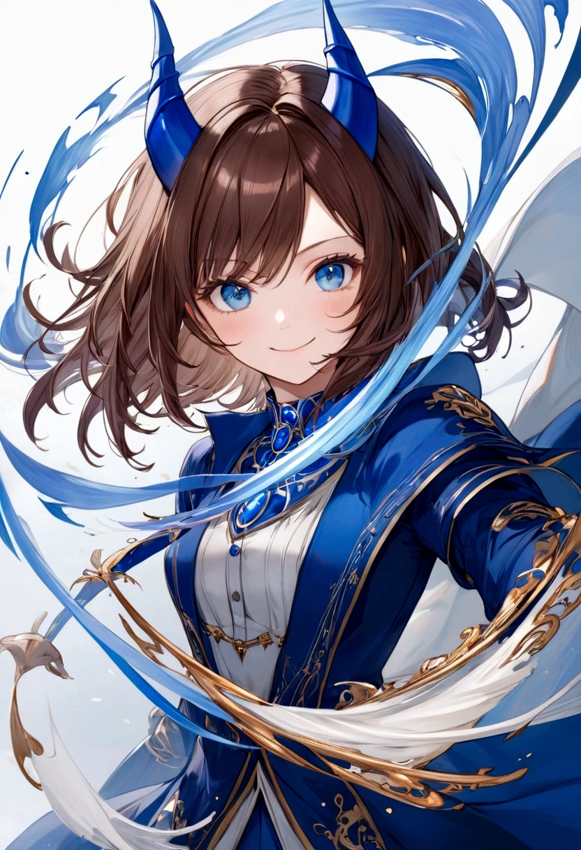 Female, Brown Hair, Blue Eyes, Smiling, Element Wind, Blue Devil Horns