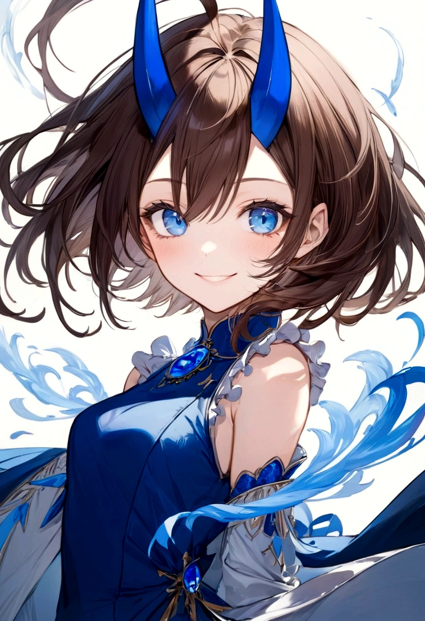 Female, Brown Hair, Blue Eyes, Smiling, Element Wind, Blue Devil Horns