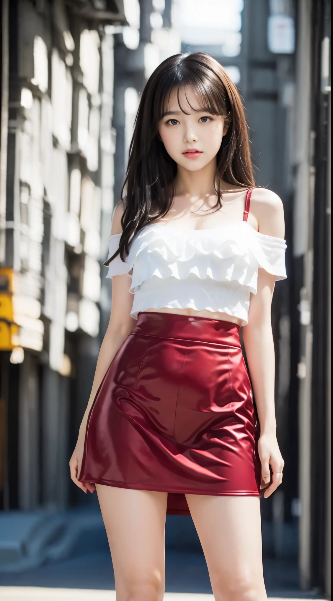 detailed,Clear lines,highest quality, masterpiece,Bright and dark light,sunset、Canon Photo Crystal Clear ,（Realistically:1.2）, (Red Casual Mini Skirt Dress)、Action pose、Take a full body photo,A sloppy smile、Glamour body type、Medium Long Hair、tunnel