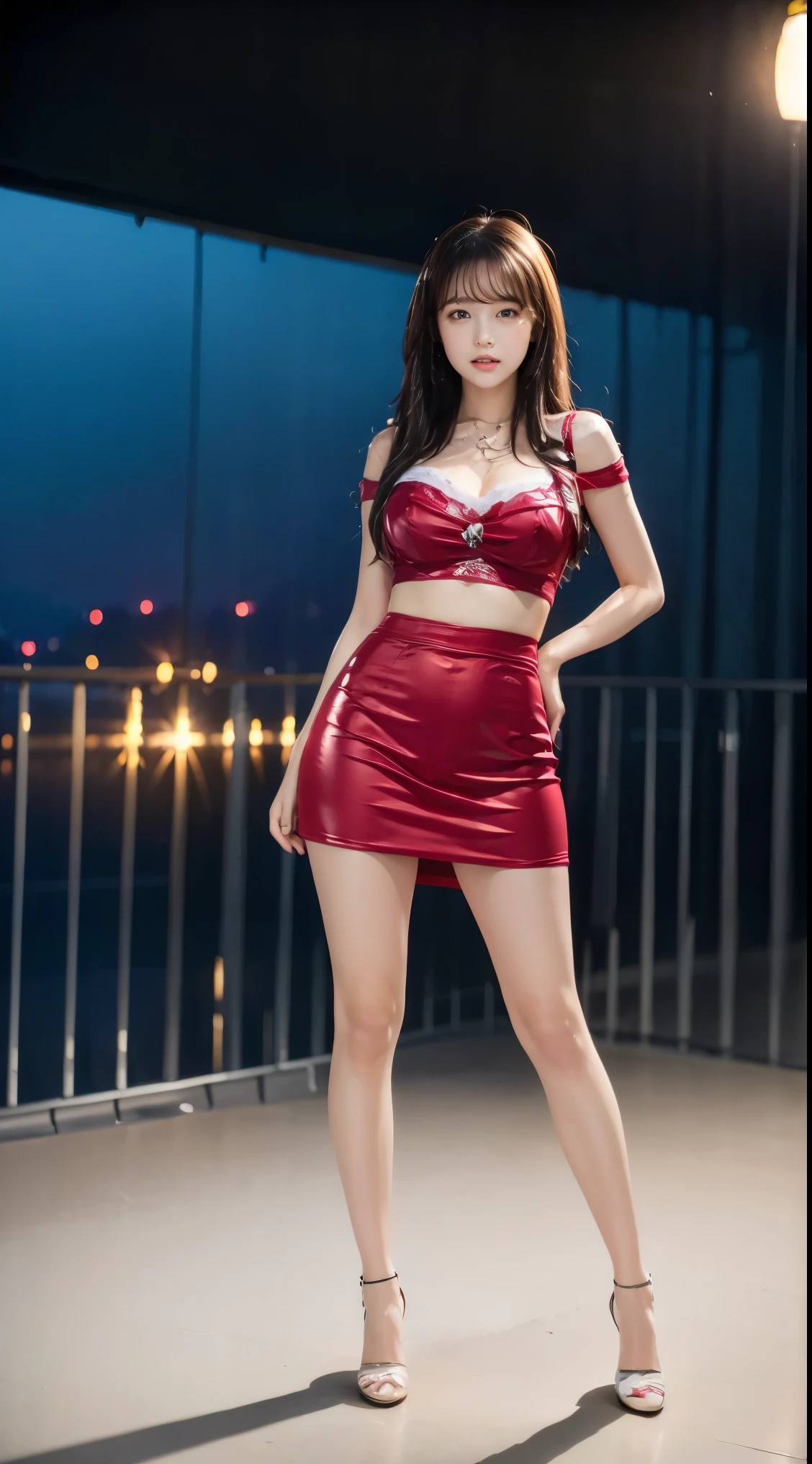 detailed,Clear lines,highest quality, masterpiece,Bright and dark light,sunset、Canon Photo Crystal Clear ,（Realistically:1.2）, (Red Casual Mini Skirt Dress)、Action pose、Take a full body photo,A sloppy smile、Glamour body type、Medium Long Hair、tunnel