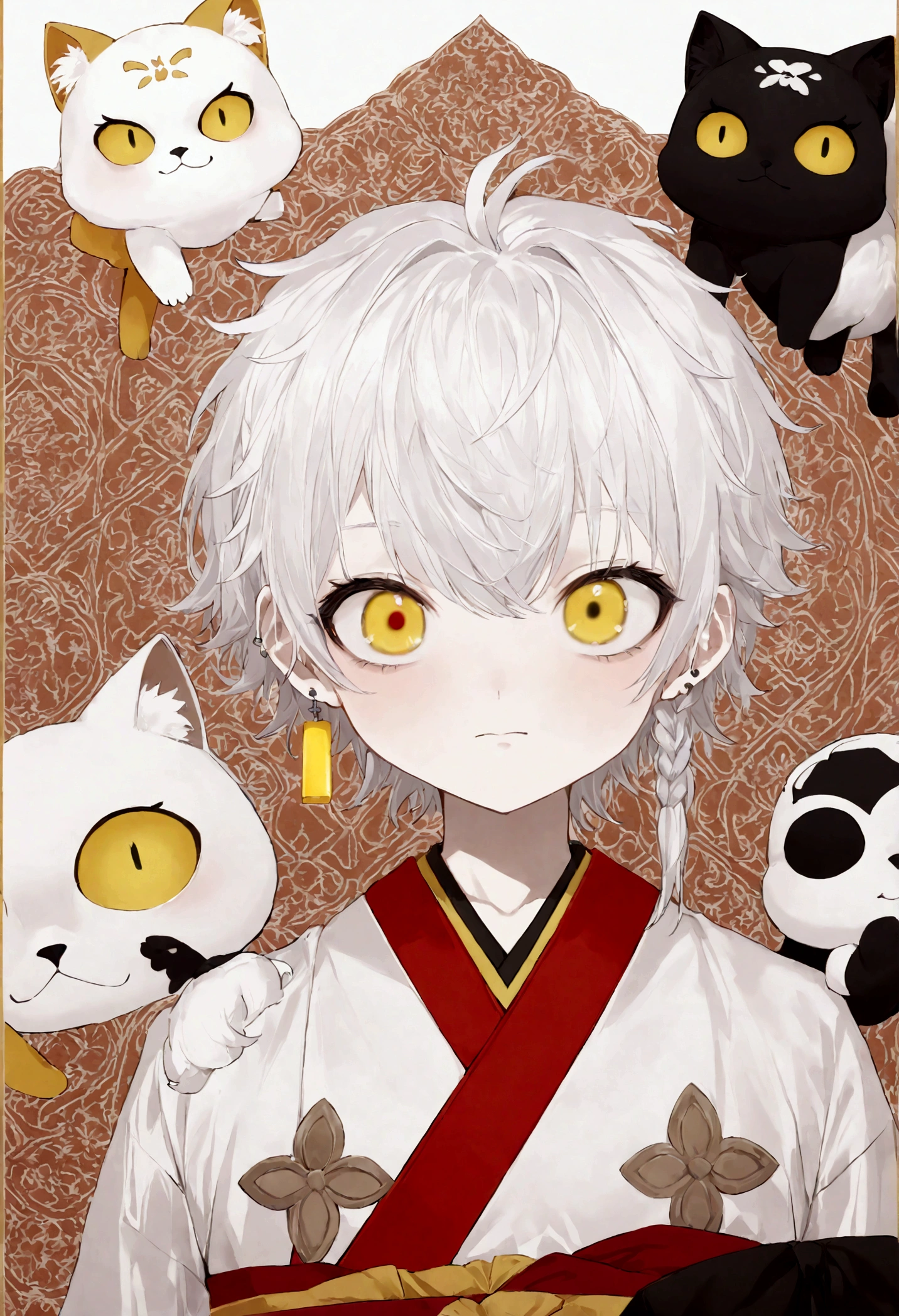 portrait, Giant, personnage Giant, aerial perspective,  silhouette en dessous, différence de taille, des oiseaux, des nuages, brouillard, Fond fantastique, blurred background,Giant boy,(1boy),((chat_boy)),(kimono bicolore), (kimono noir), ((kimono blanc)),revers rouge, (cheveux blancs),(Oreilles d&#39;animaux blanches), (Cheveux courts),(Verrouillage d&#39;Only one side), (Les yeux jaunes), (boucle d&#39;oreille unique),sans expression,MajP