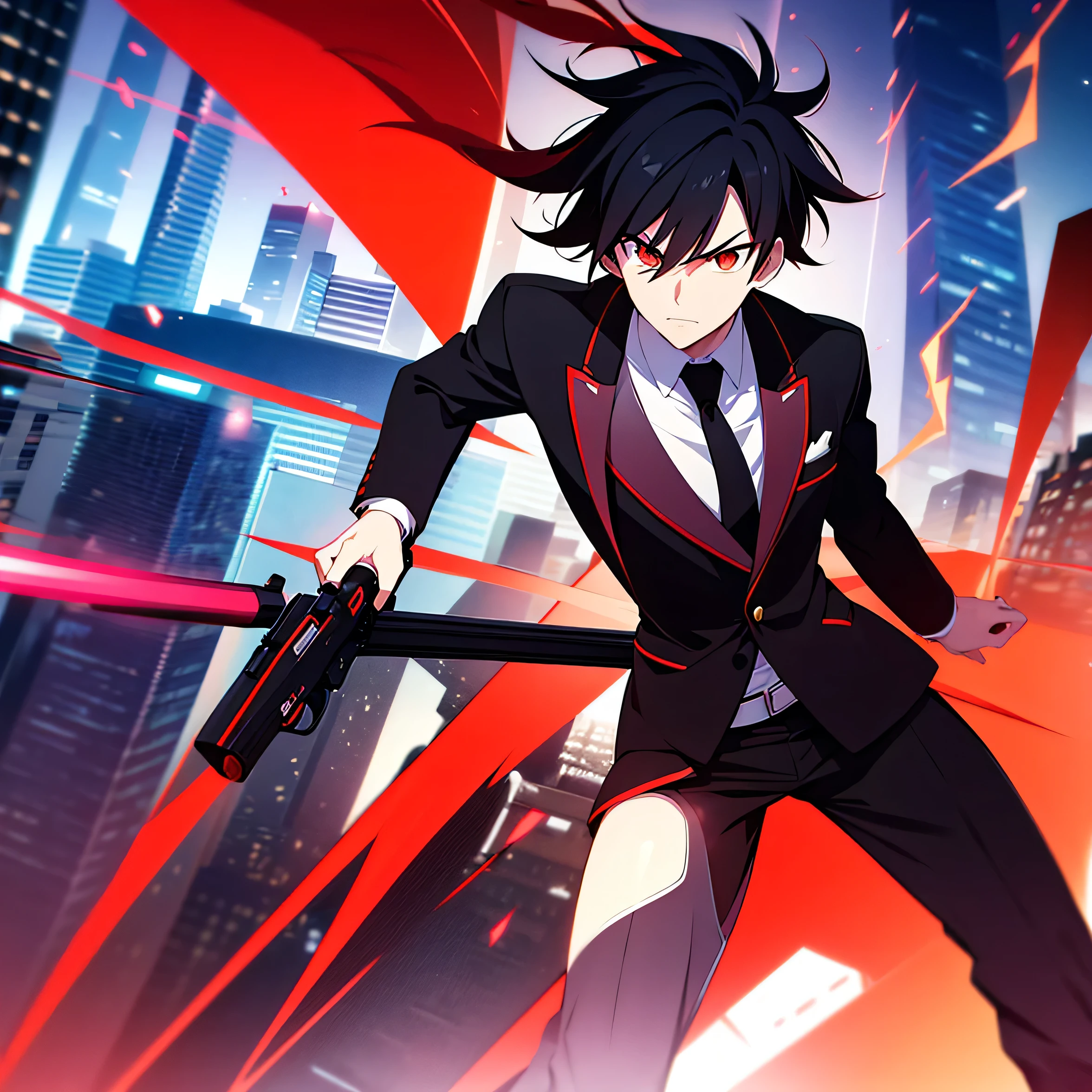 Anime style,Gun MOD 2,Red suit,Black tie,Black Hair,Orange eye,effect,gun weapons,male,City Background,HD
