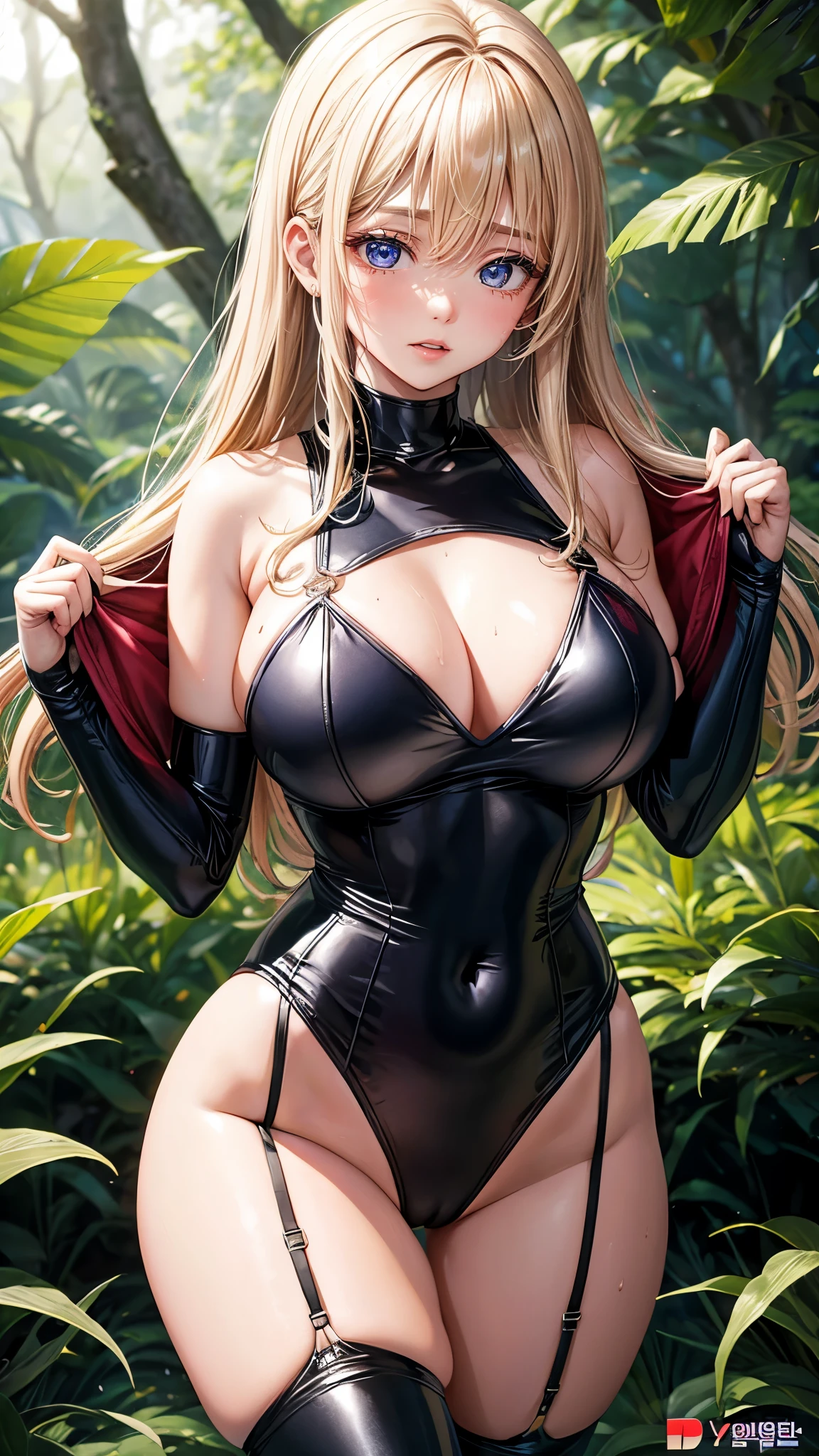 Korean Idols　Campaign girl　Campaign Girl　circuit　Super shiny enamel leotard with sponsor logo　Big Breasts　High leg　garter belt　Super Shiny Stockings　In the forest　Armpit　Depicted from below　Sweat