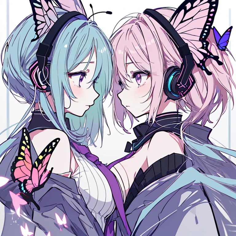 2 girlature、Ample breasts、Face to face、profile、Bust-up perspective、Upper Body、Butterfly headphones、Vocaloid、High resolution、highest quality