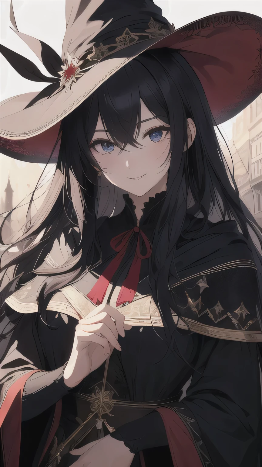 ((best quality)), ((masterpiece)), (detailed face and eyes), detailed hands and fingers, perfect face, accurate, textured skin, high details, black hair, gradient hair, hair between eyes, hair over shoulder, big hair, hair over eyes, hair flaps, mole under eye, tareme, smile, Expressionism, anime, sparkle, Pastel art, wizard, wizard hat, black cloak, red ribbon, Magic that emits light, Torrent of Light