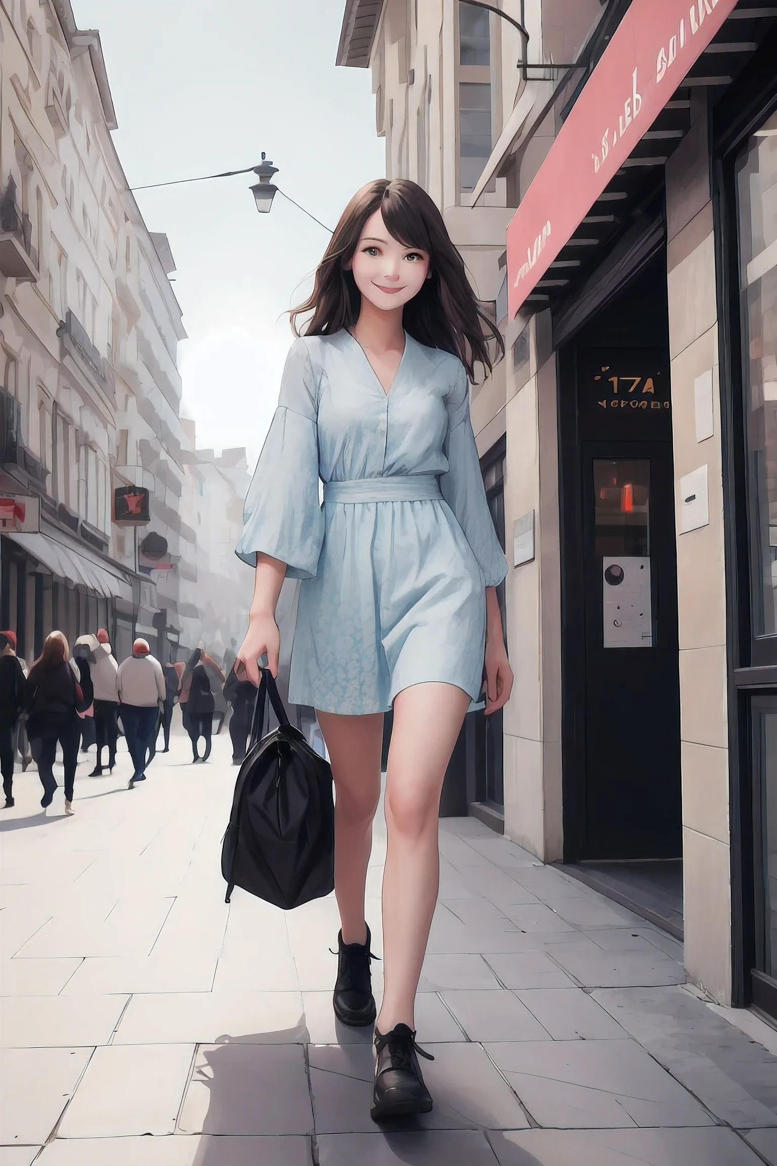 Beautiful girl of European appearance with beautiful hair and a light character, simple women's clothing, light colors, full-body shot, slightly smiling, walking in the city in ultra high quality, real photo.