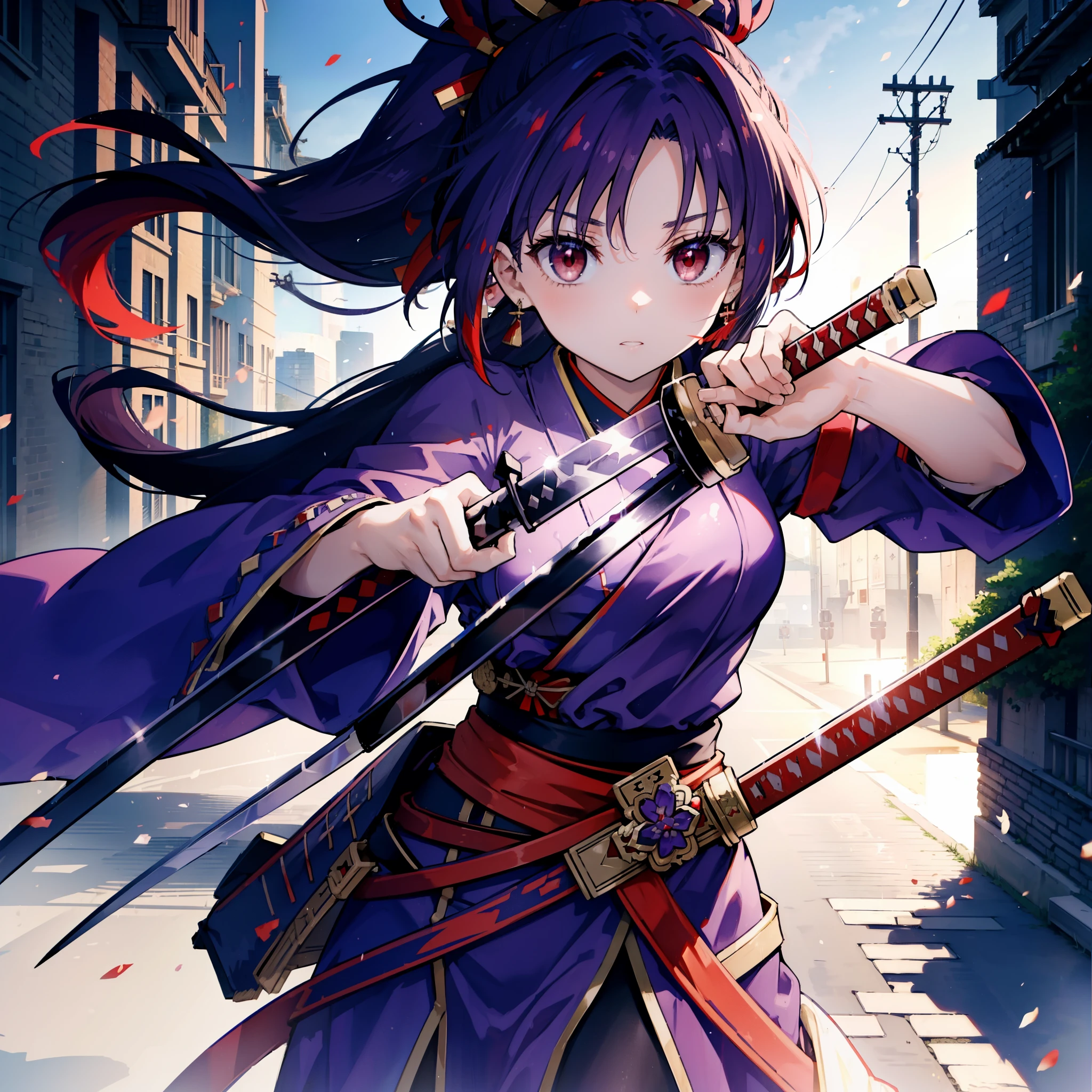 yuukikonno, Yuki Konno, hair band, Long Hair, Pointed Ears,ponytail, Purple Hair, (Red eyes:1.5), (Small breasts:1.2), Open your mouth,Purple Kimono,Red Hakama,boots,Japanese sword,Hold the sword grip in your hand,whole bodyがイラストに入るように,
break looking at viewer, whole body,
break outdoors, Medieval European streets,
break (masterpiece:1.2), highest quality, High resolution, unity 8k wallpaper, (shape:0.8), (Narrow and beautiful eyes:1.6), Highly detailed face, Perfect lighting, Highly detailed CG, (Perfect hands, Perfect Anatomy),
