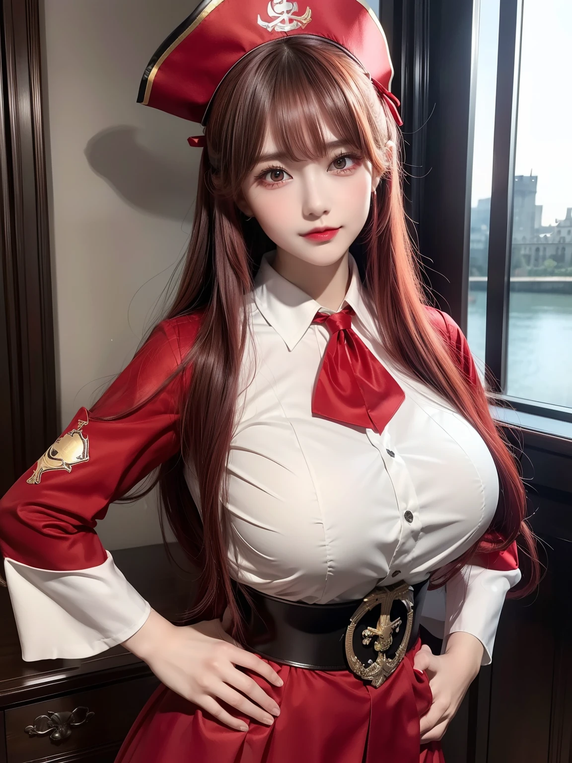 Room, window, castle, (ultra detailed), masterpiece, breasts, best quality, aesthetics, detailed, alone, soft smile, light smile, 1 girl, (long hair), (red hair), sensual, ((huge breasts), 1girl, (different poses), (blush), curvy, Slender, girl, sexy, cute, Slender fingers, perfect anatomy, extremely detailed, (perfect hands, perfect anatomy), (Houshou Marine), Ribbon red, red eyes, long hair, hair ribbon, observed from the front, (hands on hip), marine_pirate, hair ribbon, red ascot, pirate hat, V neck clothe, low angle shot,
