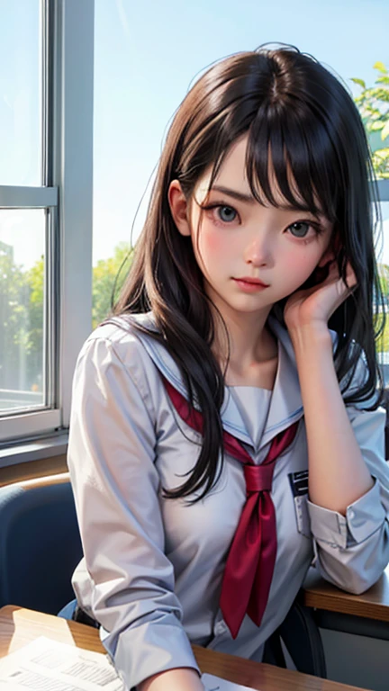 high school girl、classroom、Window seat、Upper Body、Daytime、Sitting with a sullen face、Elbows on the desk
