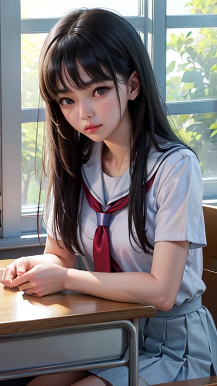high school girl、classroom、Window seat、Upper Body、Daytime、Sitting with a sullen face、Elbows on the desk、Face looking out the window