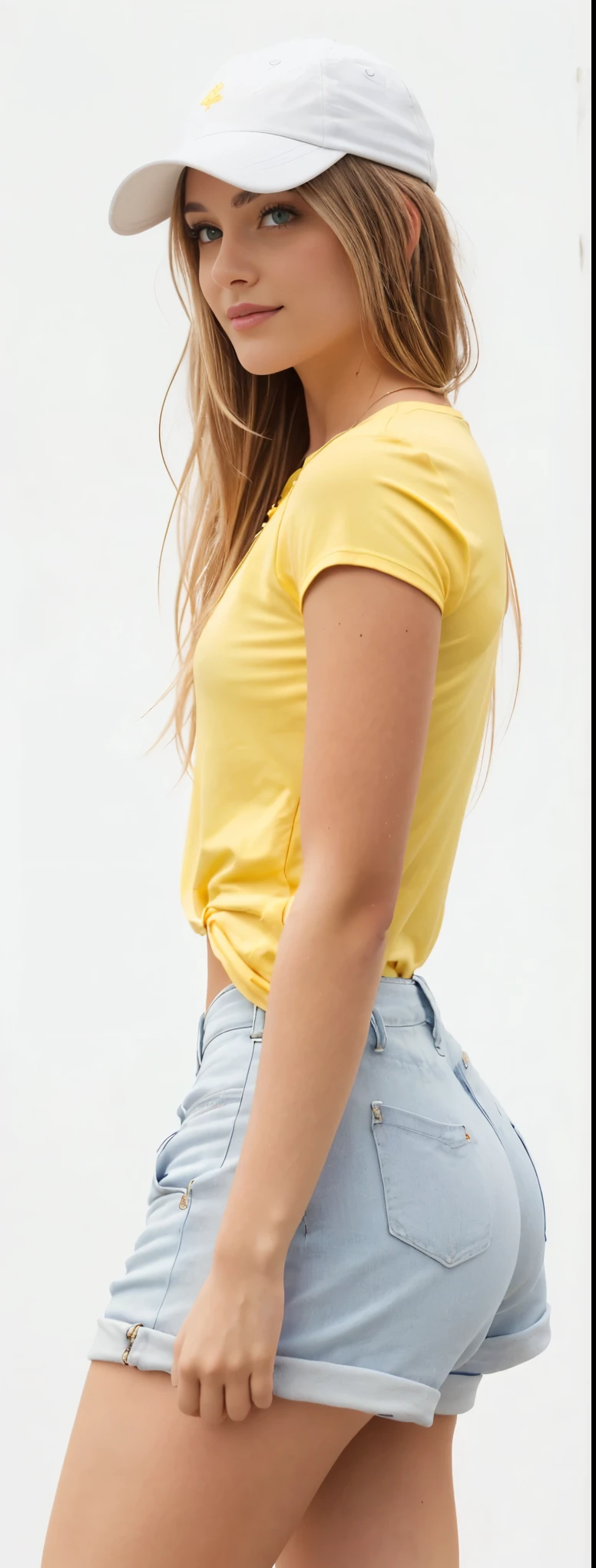 uma mulher de camisa amarela e short cinza posando para uma foto, wearing yellow corte superior, vestindo uma camiseta amarela moderna, roupas amarelas, corte superior, cintura - tiro, usando tops curtos, corte superior, vista lateral, pose lateral, camisa apertada, recortar, perfil lateral cintura para cima retrato, shorts, 2 modelo feminino de 4 anos, perfil de vista lateral