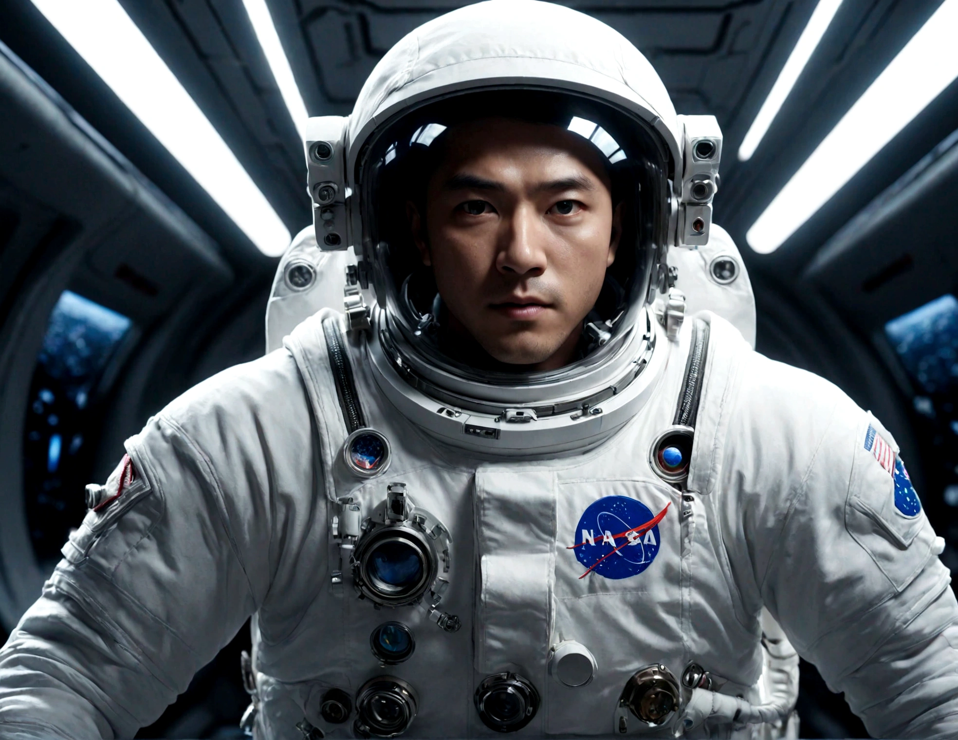 The astronaut is a 30-year-old man.., white and blue metallic clothing, cinematic, picture 촬영, half backlight, back light, dramatic lighting , incandescent light, soft lighting, Incredibly detailed and complex, hyper maximalist, Art, elegant pose, dynamic, picture, volume , very detailed, intricate details, Gwise의 very detailed 걸작, future environment