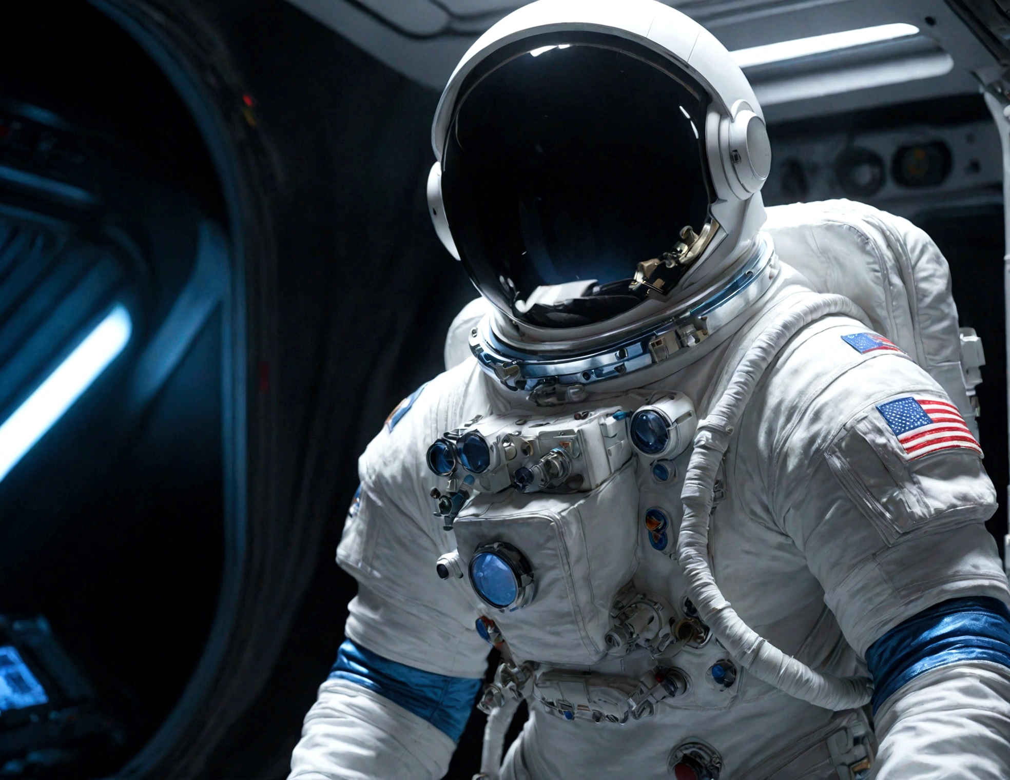 The astronaut is a 30-year-old man.., white and blue metallic clothing, cinematic, picture 촬영, half backlight, back light, dramatic lighting , incandescent light, soft lighting, Incredibly detailed and complex, hyper maximalist, Art, elegant pose, dynamic, picture, volume , very detailed, intricate details, Gwise의 very detailed 걸작, future environment