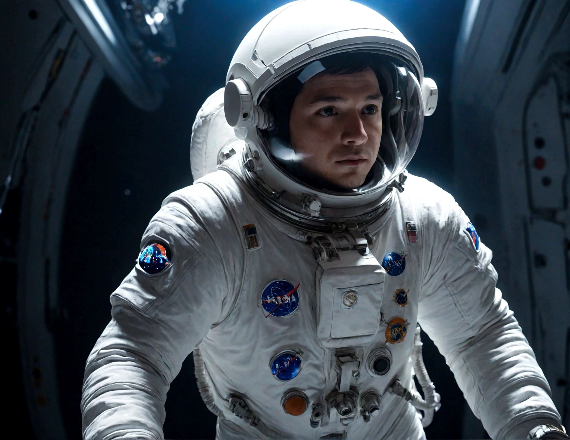 The astronaut is a 30-year-old man.., white and blue metallic clothing, cinematic, picture 촬영, half backlight, back light, dramatic lighting , incandescent light, soft lighting, Incredibly detailed and complex, hyper maximalist, Art, elegant pose, dynamic, picture, volume , very detailed, intricate details, Gwise의 very detailed 걸작, future environment