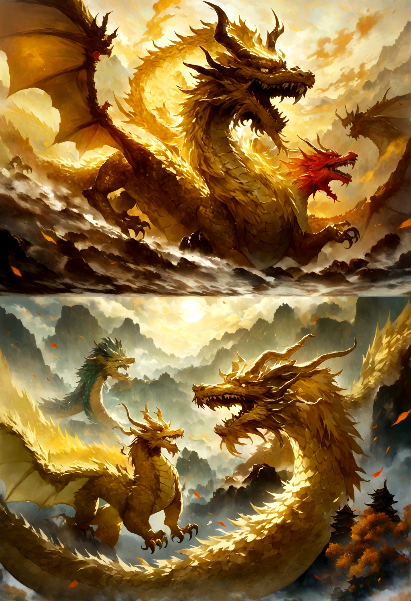 a close-up of a yellow dragon soaring through the sky, golden dragon, chinese dragon concept art, smooth chinese dragon, a giant dragon in the background, chinese dragon, oil painting of a dragon, majestic japanese dragon, dragon art, legendary dragon, chinese dragons fighting, long, yellow dragon festival, phoenix dragon, lung dragon, king ghidorah, fire-breathing serpentine dragon