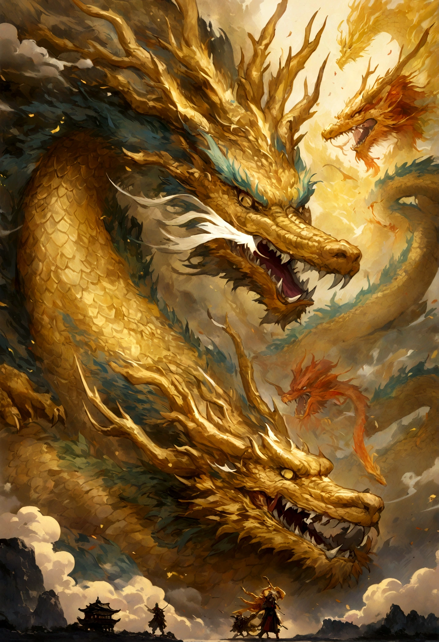 a close-up of a yellow dragon soaring through the sky, golden dragon, chinese dragon concept art, smooth chinese dragon, a giant dragon in the background, chinese dragon, oil painting of a dragon, majestic japanese dragon, dragon art, legendary dragon, chinese dragons fighting, long, yellow dragon festival, phoenix dragon, lung dragon, king ghidorah, fire-breathing serpentine dragon