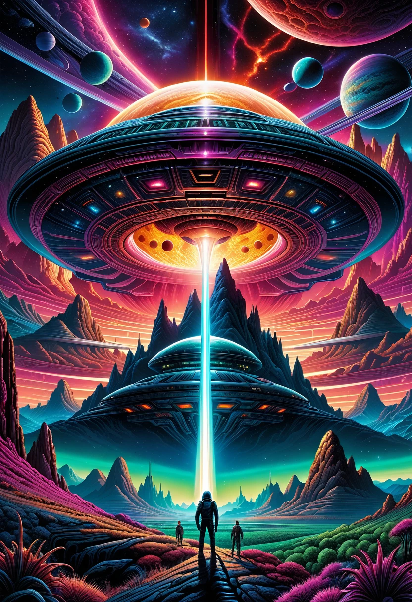 by dan mumford, alien world, deeply vibrant world, centered, symmetry, painted, intricate, sci fi, volumetric lighting, beautiful, rich deep colors masterpiece, sharp focus, ultra detailed, astrophotography. The composition is very detailed, 8K, perfect composition.