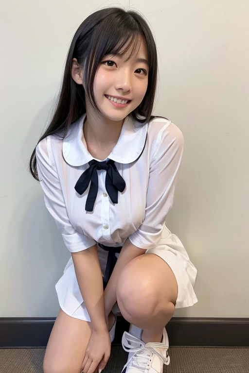 (8k、RAW Photos、highest quality、masterpiece:1.2)、(Realistic、Realistic)、1 girl、(from below:1.3)、(See-through、small Breasts、slim, skinny legs ，View from the front、micro skirt, Cute maid Costumes、Are sitting,up arms,)),smile，detail face,detail skin ,twintails,correct finger