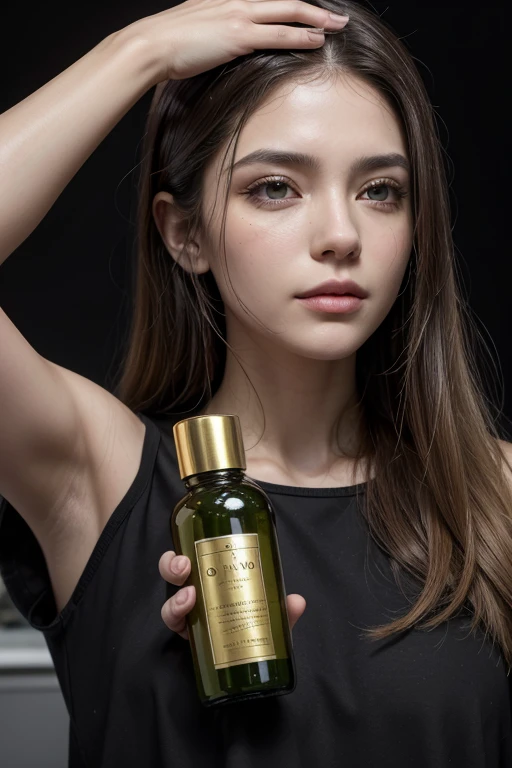 create a bottle of an encapsulated product aimed at hair recovery treatment. These are capsules that contain high quality active ingredients.. O nome do produto é ImunoFusion Hair. The slogan is immunity for your hair. The bottle should represent luxury and an object of desire for people suffering from hair loss and alopecia.. The desired colors are gold, preto e verde escuro. The vial must be coming out of a laboratory, despertando nas pessoas a curiosidade e o desejo em adquiri-lo. deve ser uma imagem realista