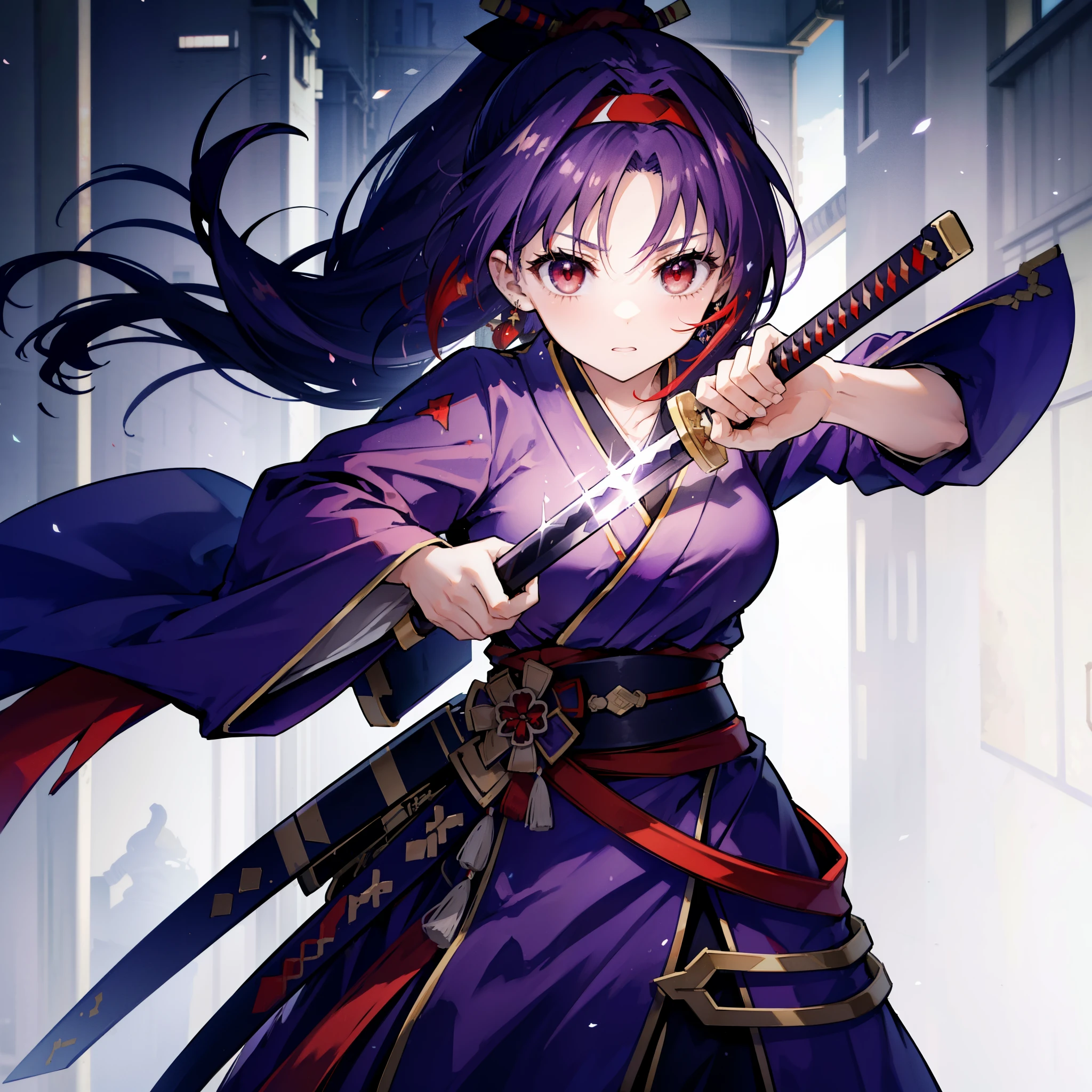 yuukikonno, Yuki Konno, hair band, Long Hair, Pointed Ears,ponytail, Purple Hair, (Red eyes:1.5), (Small breasts:1.2), Open your mouth,Purple Kimono,Red Hakama,boots,Japanese sword,Hold the sword grip in your hand,whole bodyがイラストに入るように,
break looking at viewer, whole body,
break outdoors, Medieval European streets,
break (masterpiece:1.2), highest quality, High resolution, unity 8k wallpaper, (shape:0.8), (Narrow and beautiful eyes:1.6), Highly detailed face, Perfect lighting, Highly detailed CG, (Perfect hands, Perfect Anatomy),