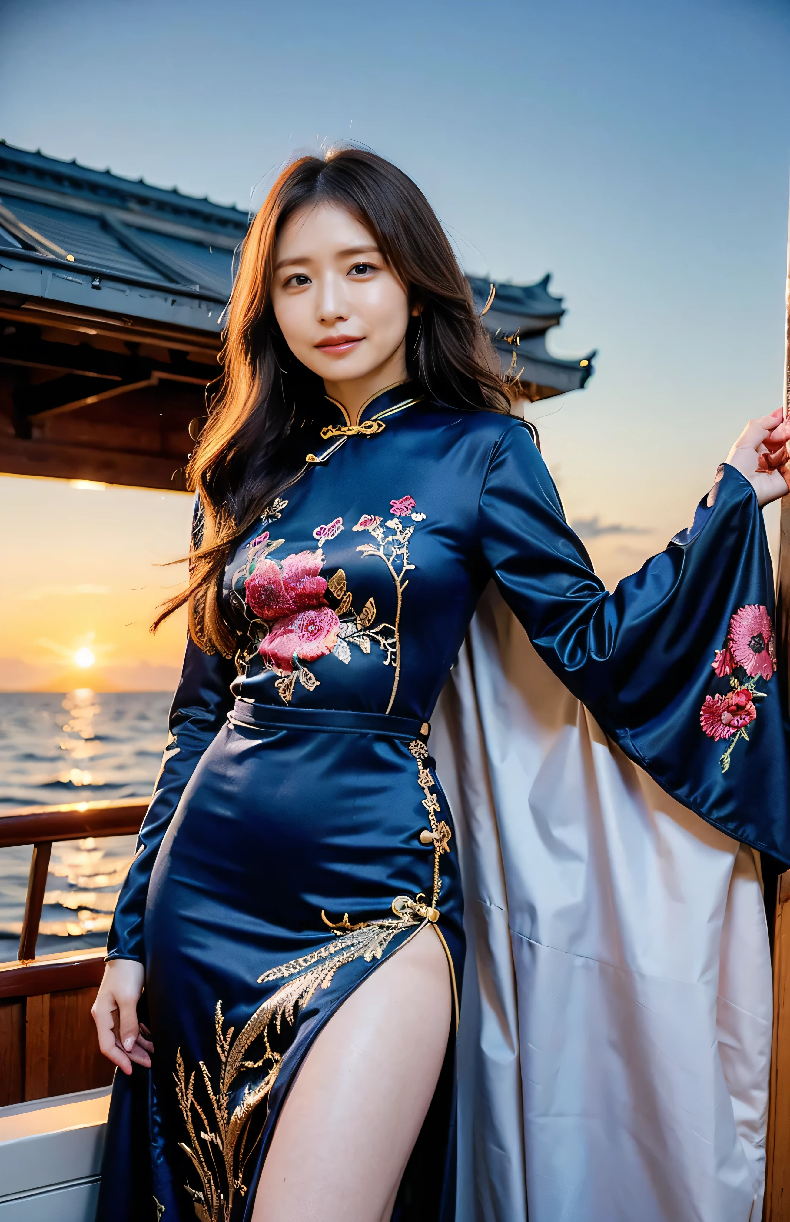 The sky turns red、hair ornaments、Tie your hair elegantly、Gorgeous silk cheongsam、((Standing on a boat and posing sexy、Luxurious and shiny navy-colored Chinese dress with embroidered long skirt:1.4)).A luxurious and shiny silk cheongsam、A luxurious navy blue cheongsam with embroidery、Woman standing on a boat、Light brown hair、Elegant hairstyle、Blue Eyed Woman、A woman with a cute upward gaze、When the sky gets dark、The gentle light of the ship shines、The sky turns red as the sun sets、Tight clothing that shows your body lines、、Elegant navy blue summer knit、Elegant black summer sweater、Short skirt、Dress elegantly着こなす、Luxury Bagedium Shorthair:1.4))、Skyscrapers seen across the sea、Manhattan 私sland is visible offshore、Woman on a sightseeing boat、、The sun shines on her、Light brown hair、Light brown hair、The sky was dyed red、There are clouds、private's cute、An elegantly dressed woman is sitting on a boat and watching the sunset、Her ample breasts are obvious even through her clothes..、The shining sun is so beautiful、Dusk is approaching、Lens flare、I can see the sunset、((Sunlight reflecting off the ocean、Ocean View、The sun shines on the sea、'beautiful.、Small earrings、private'evening、Birds are also flying、、Brown Hair Color、Tying up hair、The woman is on the right:1.4))、Luxury Leather Belts、Shiny clothes、Light beige hair color、Background Blur、Braid only the front hair、Light brown hair、{{Cowgirl Shot}}、((Close-up shot from the waist up、Ample breasts:1.4))、Smile、Silk clothing、Ample breasts that can be seen even through clothes、Braid only the front hair、Cowboy Shot、Gorgeous white collared silk shirt and brown skirt、Dress elegantly、Luxury Bags、A lovely smile、((Ample breasts))、Full body photo、ring、Short skirt、Tuck your hair behind one ear、Silver Necklace、smile、 Elegant ponytail、Caustics、Highly detailed photos、Very beautiful and ideal short hair、Super no makeup、(8k、RAW Photos、highest quality、masterpiece:1.2)、(Realistic、Realistic)、1 girl、((Medium Short Hair、Looking into the camera:1.4))、Hair blowing in the wind
