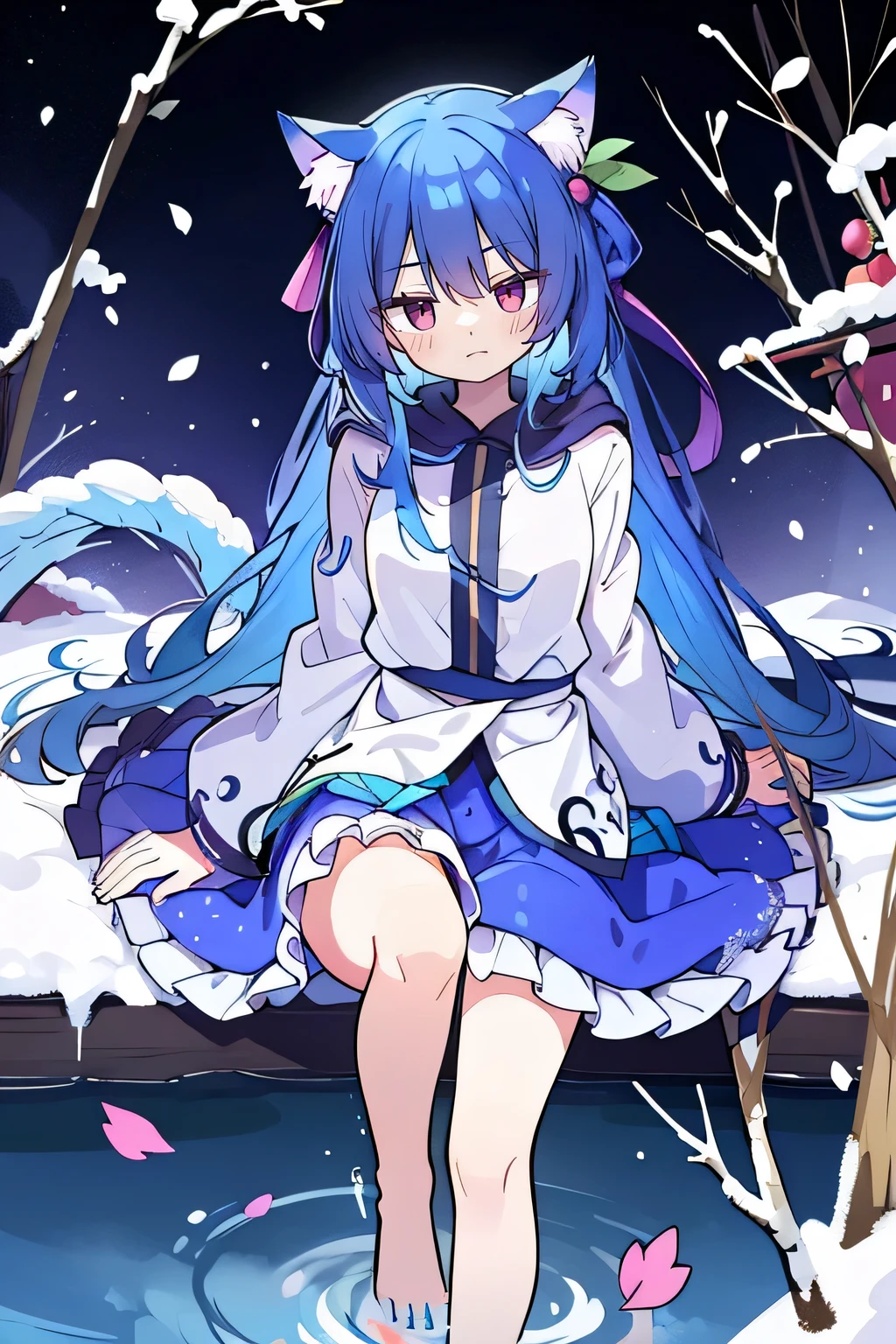 (masterpiece:1.2),Super detailed,lifelike,Expressive eyes,fair skin,perfect face shape,1 girl,
Japanese comics,Gorgeous blue hair,flowing blue hair,flowing clothes,Cat ears,Petals fall,beautiful lola,Baby Angel,
Shaking head with one hand,Cross your legs,Gentle and peaceful background,The pavilion is cool and comfortable,smile, wearing hoodie, background of tokyo,back views,snowing, winter,lie on the water.