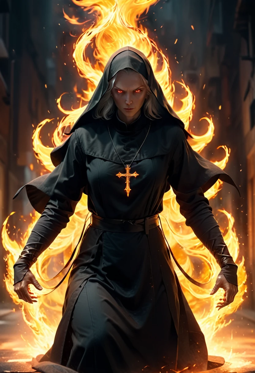 (best quality,8k,highres,masterpiece:1.2),realistic,nun,demon, intense fight, dynamic pose, vibrant flames, magical effects, sparkling aura,He goes on a rampage, brandishing a large cross.