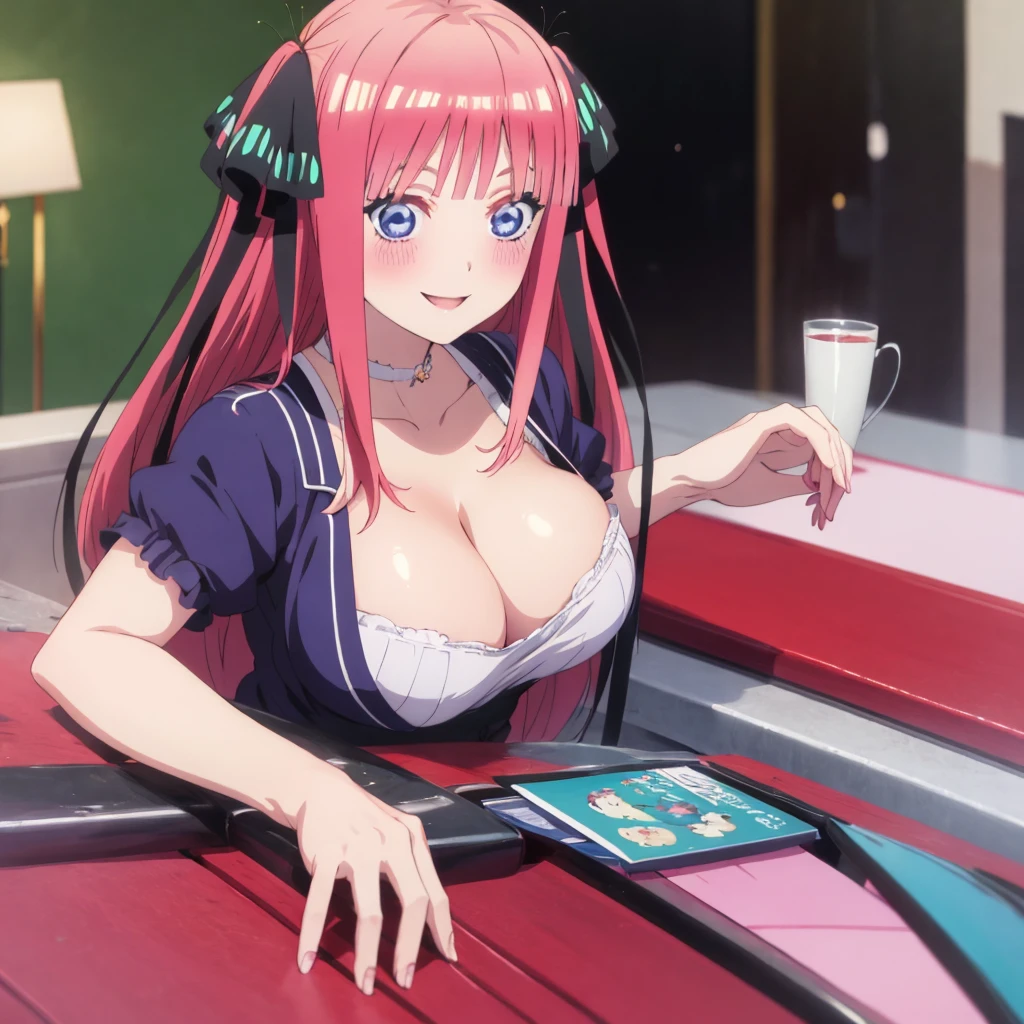 highest quality, A very exquisite masterpiece, Anime art style, Cute Characters, nino nakano, Big Breasts, blush, smile
