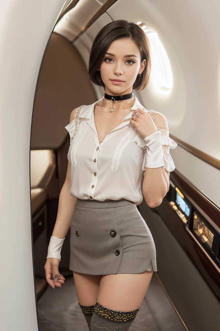 (ultra-detailed, best quality, 4k, highres, top quality, masterpiece:1.3), f/2.8, 50mm, Leica, stunning flight attendant, beautiful Ukrainian woman, short and slender, shoulder length hair, (brunette:1.5), detailed eyes, detailed face, detailed lips, captivating, flirting with the camera, provocative, ((wearing short tight unbuttoned blouse, extremely short skirt, knee socks, cute choker:1.5), cleavage, (opentoeNYX, high heels:1.5), radiant smile, (inside sleek private jet:1.5), (standing:1.5), model poses, sophisticated, professional appearance, elegance, ((intricate detail:1.5)), skin pore texture, photo, cinematic, full body, (realistic, photo-realistic:1.33), natural light, depth of field, film grain, sharp, detailed and realistic woman, ruffled lips soft natural light, detailed hands, detailed fingers, portrait photography, photorealism, super detailed, intimate portrait composition, dimly lit, rim lighting, (very slim, lean and muscular body:1.3), perfect fit body, perfect proportions, perfect anatomy, anatomically correct.