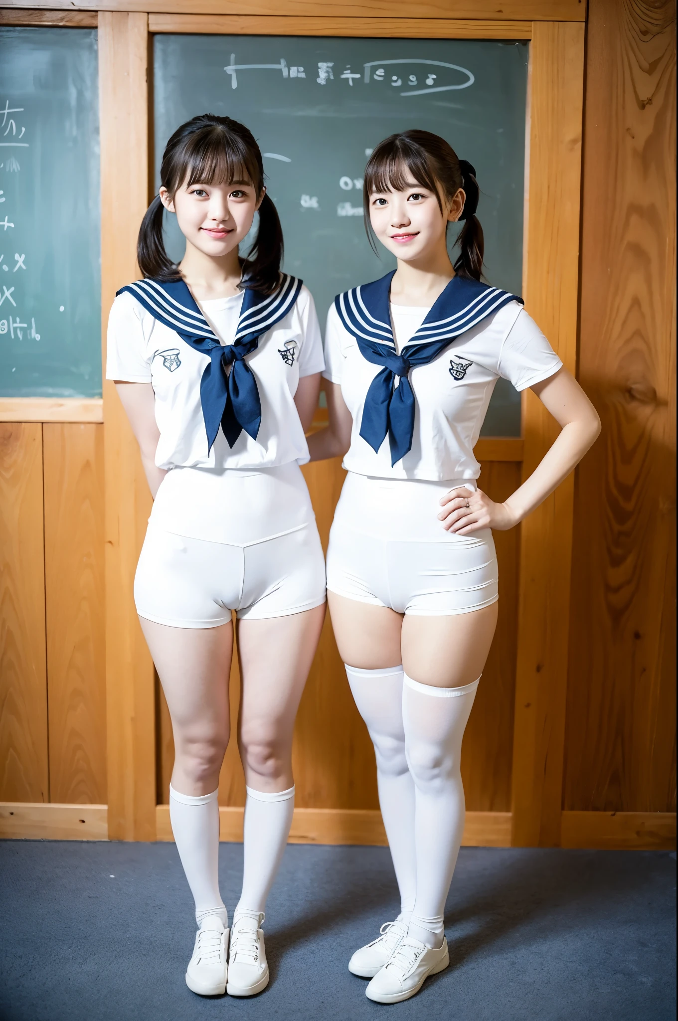 2 girls standing with legs apart in wooden school classroom,sailor shirt over,BREAK,white unitard with white compression short leggings,18-year-old,bangs,a little smile,thighs,knees,short hair with low pigtails,from before,front light