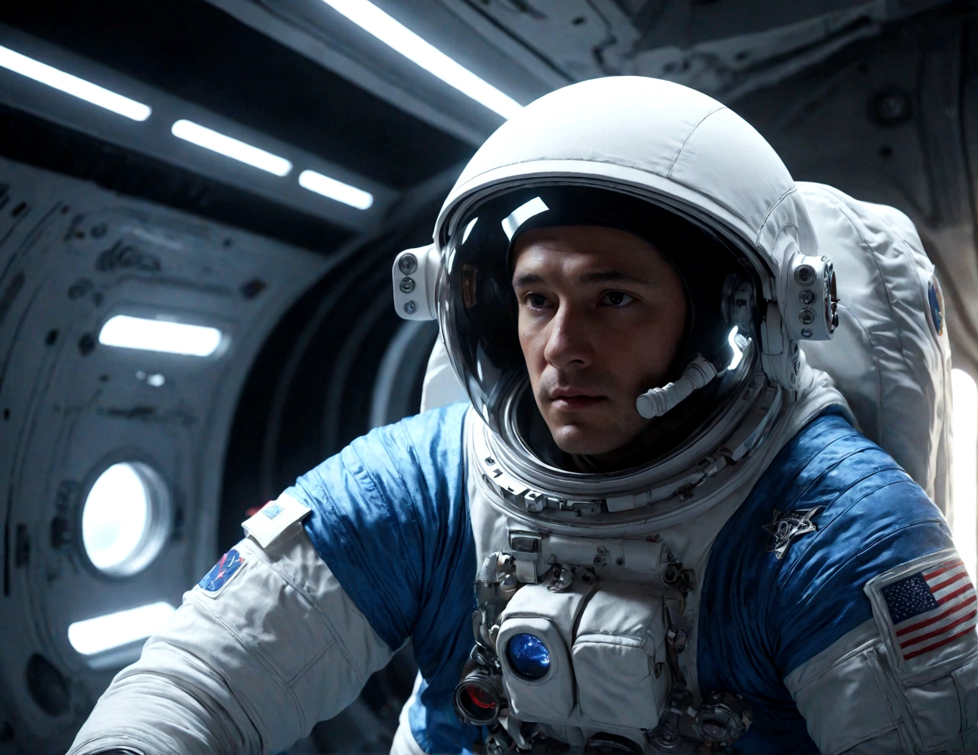 The astronaut is a 30-year-old man.., white and blue metallic clothing, cinematic, picture 촬영, half backlight, back light, dramatic lighting , incandescent light, soft lighting, Incredibly detailed and complex, hyper maximalist, Art, elegant pose, dynamic, picture, volume , very detailed, intricate details, Gwise의 very detailed 걸작, future environment