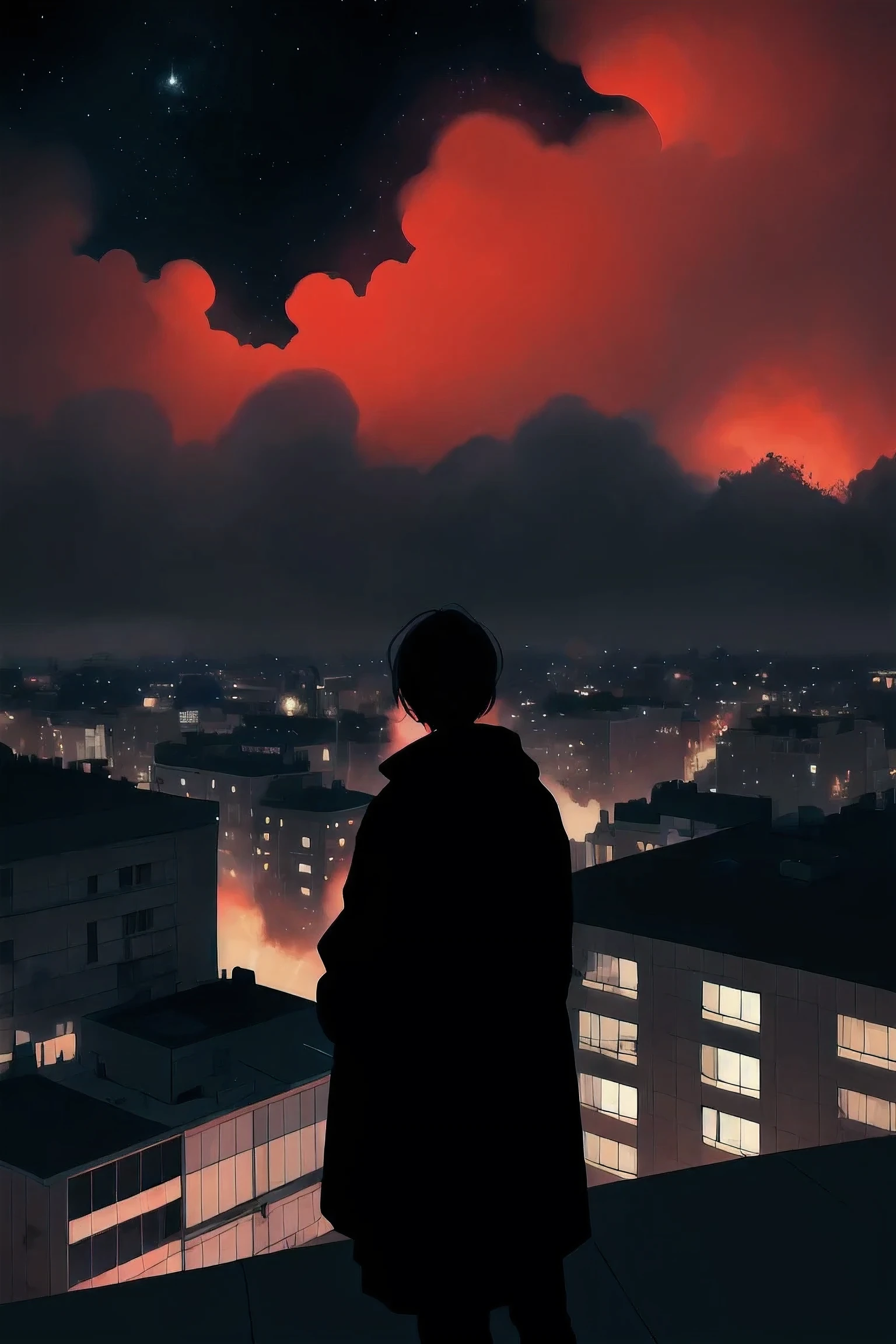 A person overlooking a street with people on it from the top of a building. No faces. Starry, smoky, and powdered (all minimal) theme with a little touch of red.