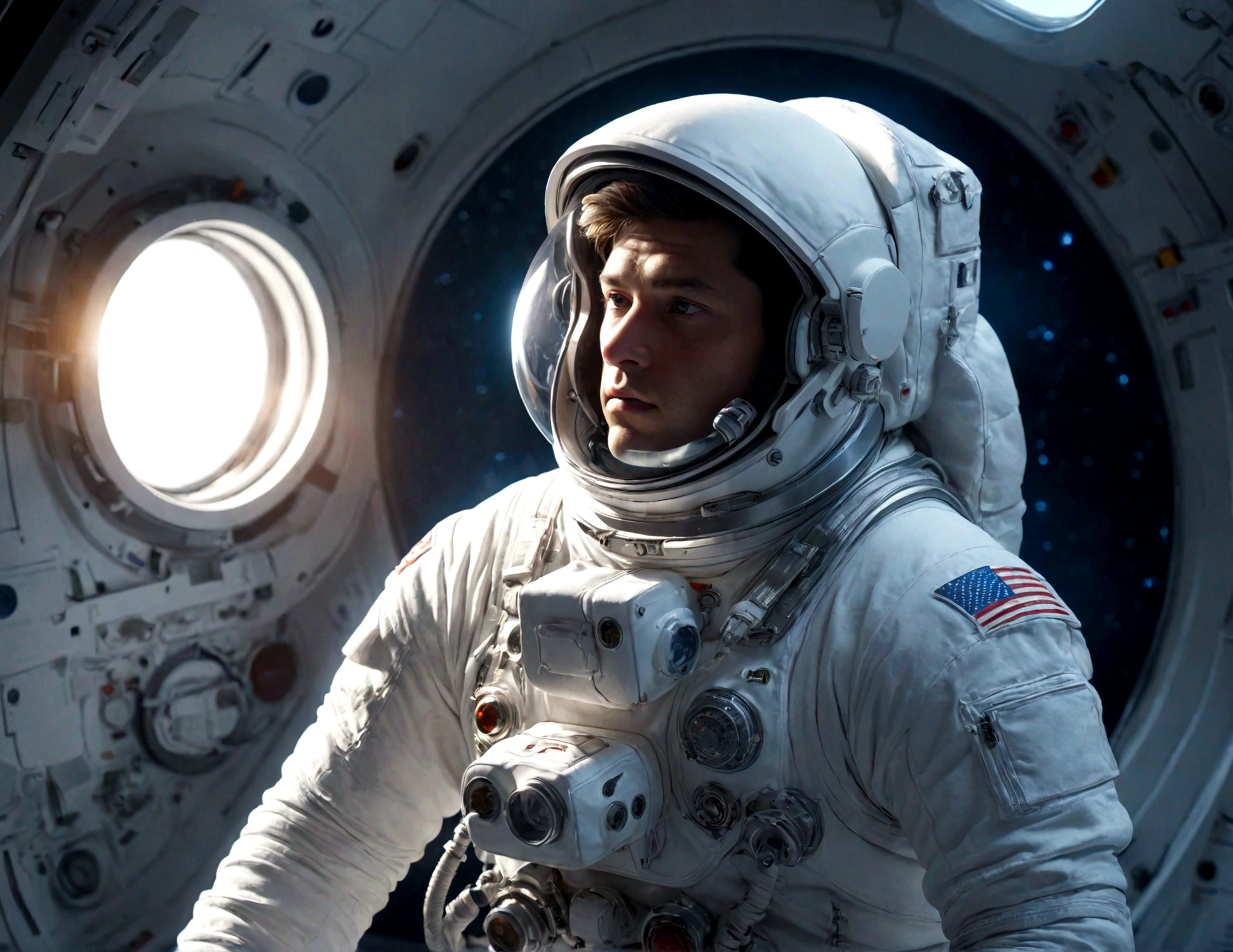 The astronaut is a 30-year-old man.., white and blue metallic clothing, cinematic, picture 촬영, half backlight, back light, dramatic lighting , incandescent light, soft lighting, Incredibly detailed and complex, hyper maximalist, Art, elegant pose, dynamic, picture, volume , very detailed, intricate details, Gwise의 very detailed 걸작, future environment