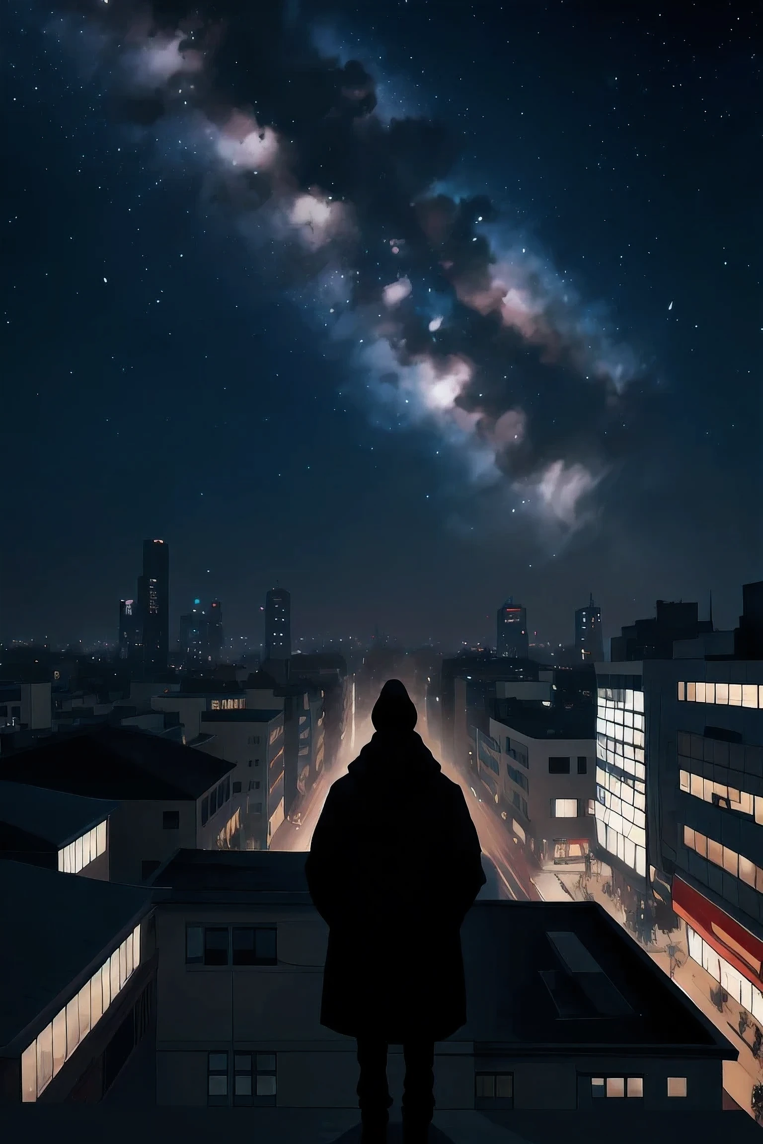 A person overlooking a street with people on it from the top of a building. No faces. Starry, smoky, and powdered (all minimal) theme with a little touch of red.