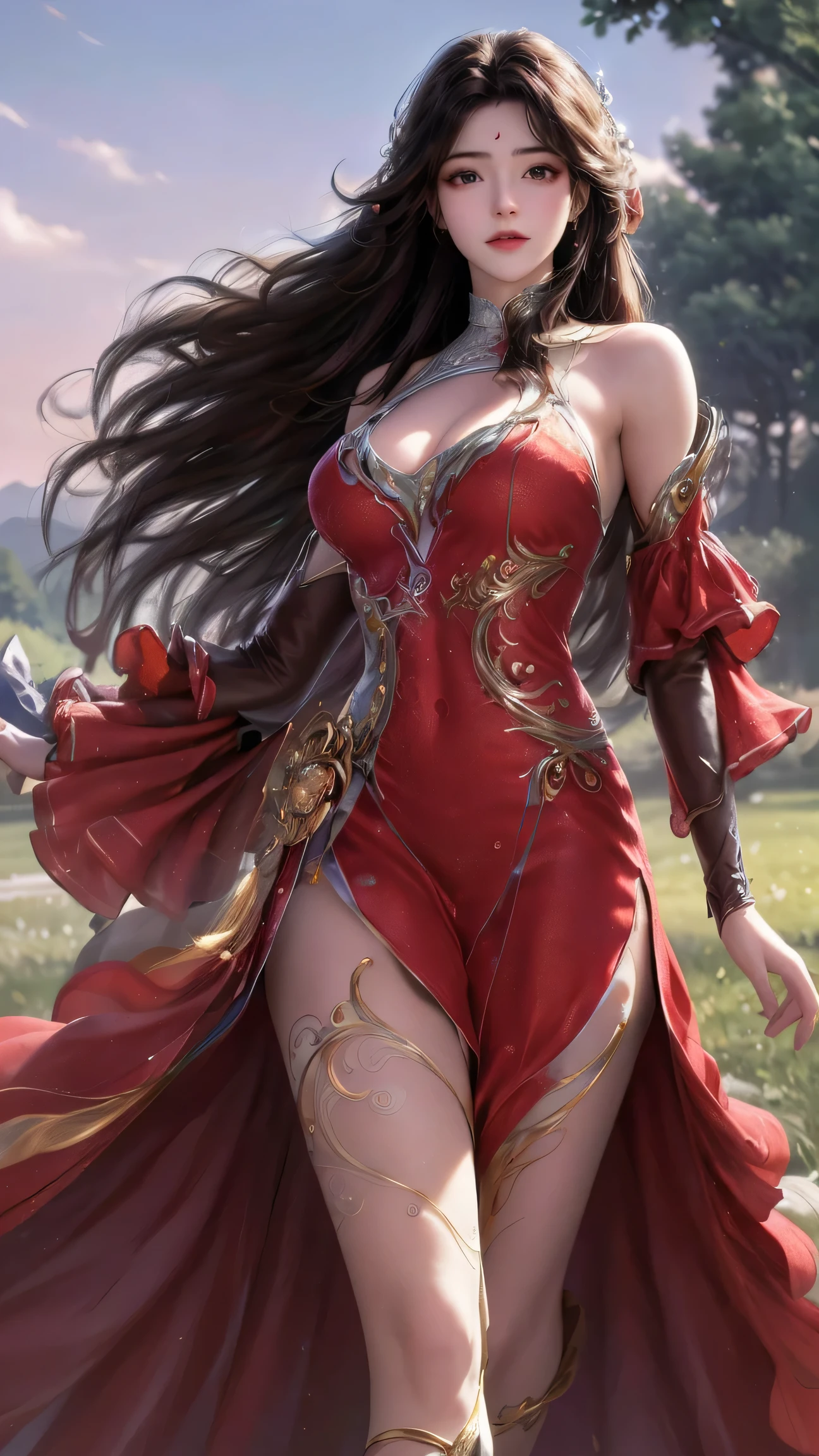 "A stunning brunette gracefully strolls through a vast field of dreams, adorned with exquisite digital artistry, intricate details, and masterful strokes. The mesmerizing artwork, captured in ultra HD 4k resolution, is a captivating fusion of talents by renowned artists Michael Garmash and Ben Bauchau."