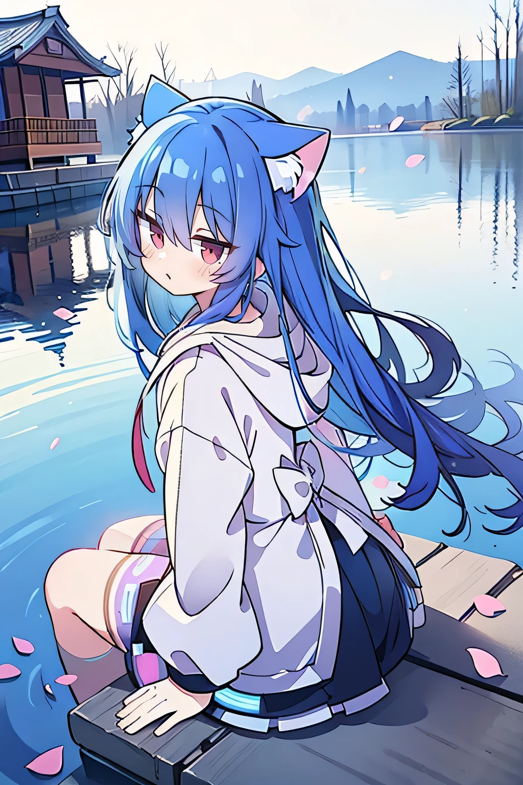 (masterpiece:1.2),Super detailed,lifelike,Expressive eyes,fair skin,perfect face shape,1 girl,
Japanese comics,Gorgeous blue hair,flowing blue hair,flowing clothes,Cat ears,Petals fall,beautiful lola,Baby Angel,
Shaking head with one hand,Cross your legs,Gentle and peaceful background,The pavilion is cool and comfortable,smile, wearing hoodie, background of tokyo,back views,snowing, winter,lie on the water.
