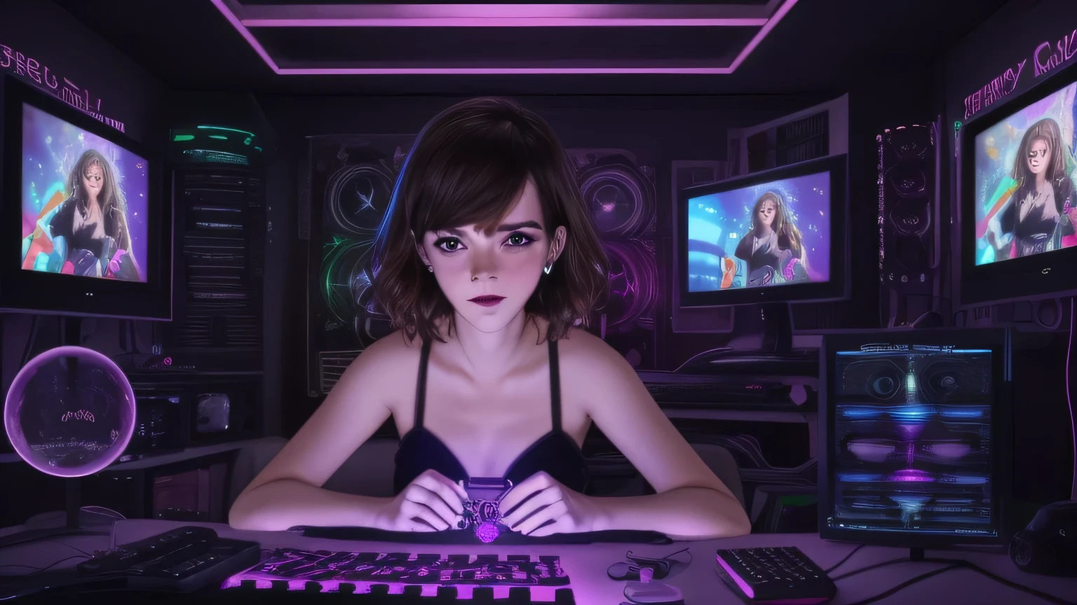 Emma Watson, [ Krysten Ritter | person], NeonHypnoPMV Style, Sexy Dance, (motion blur), Rave Girl, mdma, pheromones, corruption,  ((mind control device)), brainwashing machine,
purple eyes, glowing eyes, hypnotized, mind control, (remote control vibrator), onlyfans, battlestation,  holographic monitor,
 