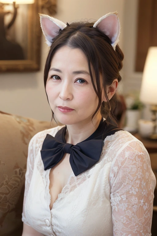 a mature 55 year old japanese woman, beautiful aristocratic lady, long eyelashes, chubby body type, ((cat ears)), low ponytail, tiara, party venue, princess dress, cleavage, (best quality,4k,8k,highres,masterpiece:1.2),ultra-detailed,(realistic,photorealistic,photo-realistic:1.37),detailed eyes, detailed lips, extremely detailed face, jewelry, intricate fabric textures, dramatic lighting, warm color tones, cinematic composition