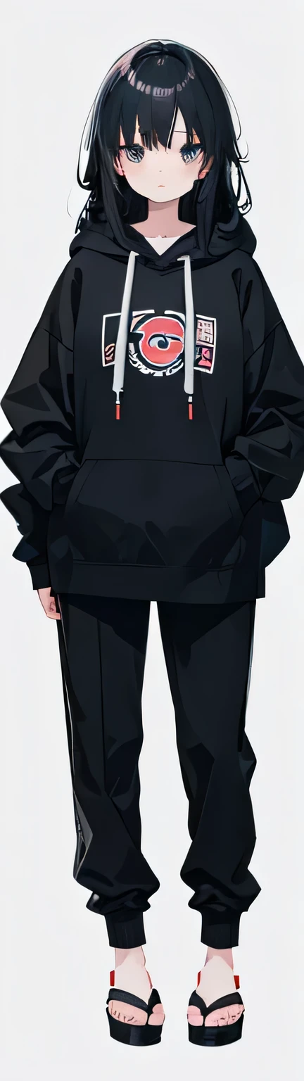 girl, wearing black hoodie, cute, anime style, black pants, japanese, long hair
